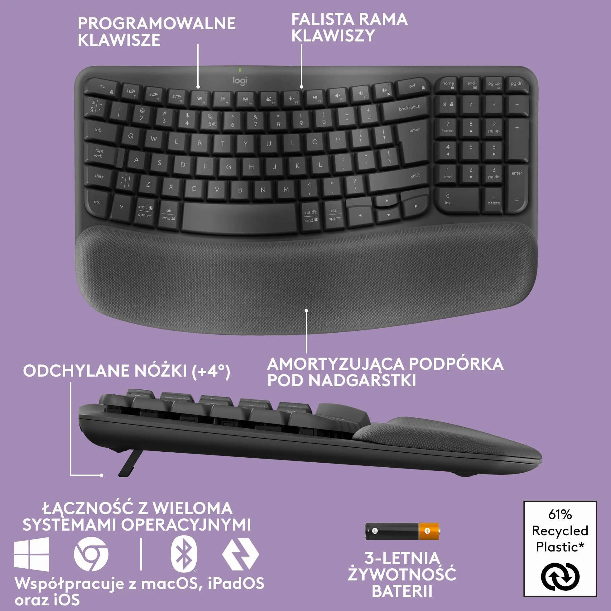 Logitech Wave Keys - bezprzewodowa klawiatura ergonomiczna z amortyzującą podpórką pod nadgarstki, wygodne naturalne pisanie, Easy-Switch, Bluetooth, odbiornik Logi Bolt, Windows/Mac, US INT'Ll,Grafit