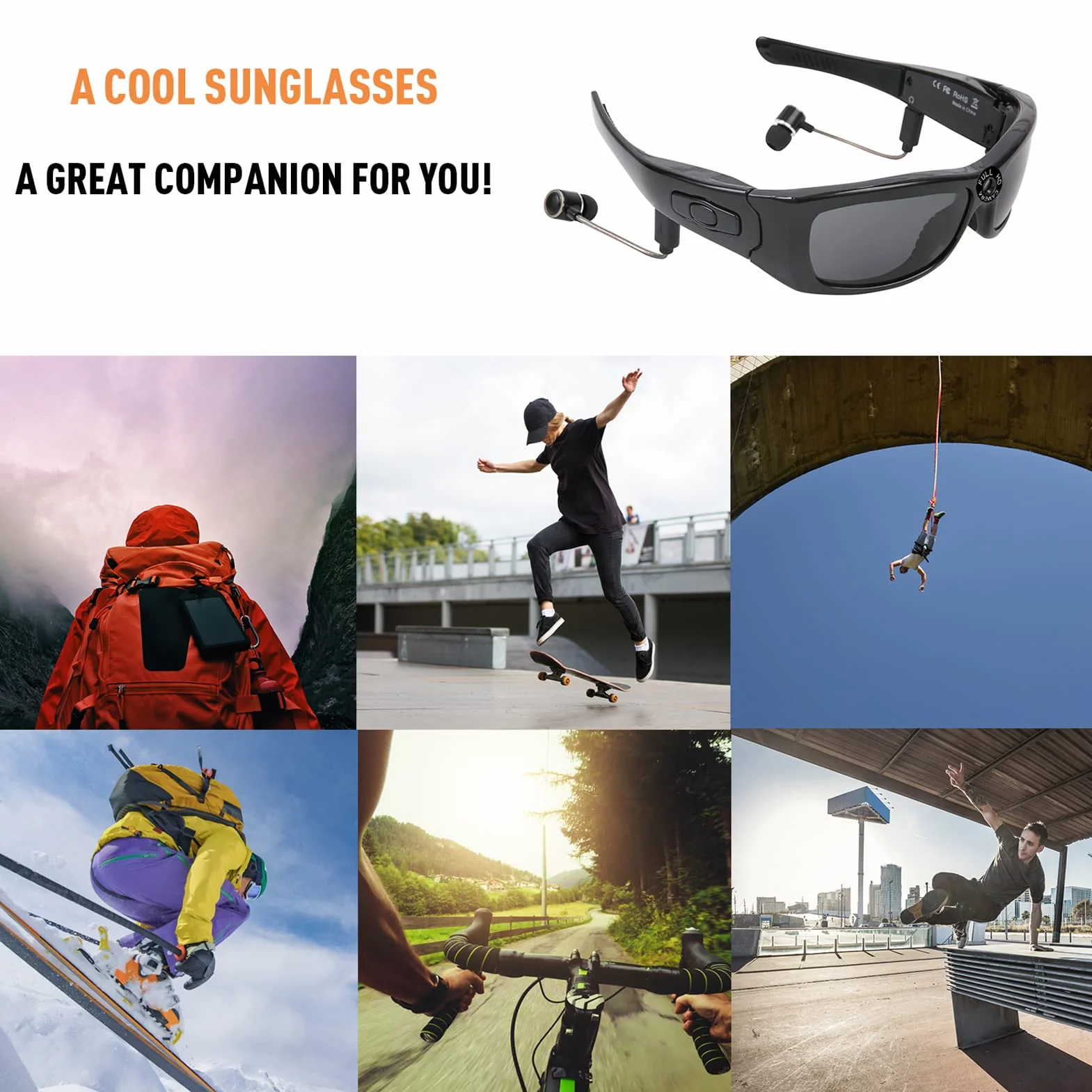 Okulary do Aparatu, Inteligentne Okulary 1080P Full HD, Obsługa do 128 GB z Bluetooth, Obsługa połączeń z muzyką Wideo Okulary Przeciwsłoneczne do Jazdy Konnej