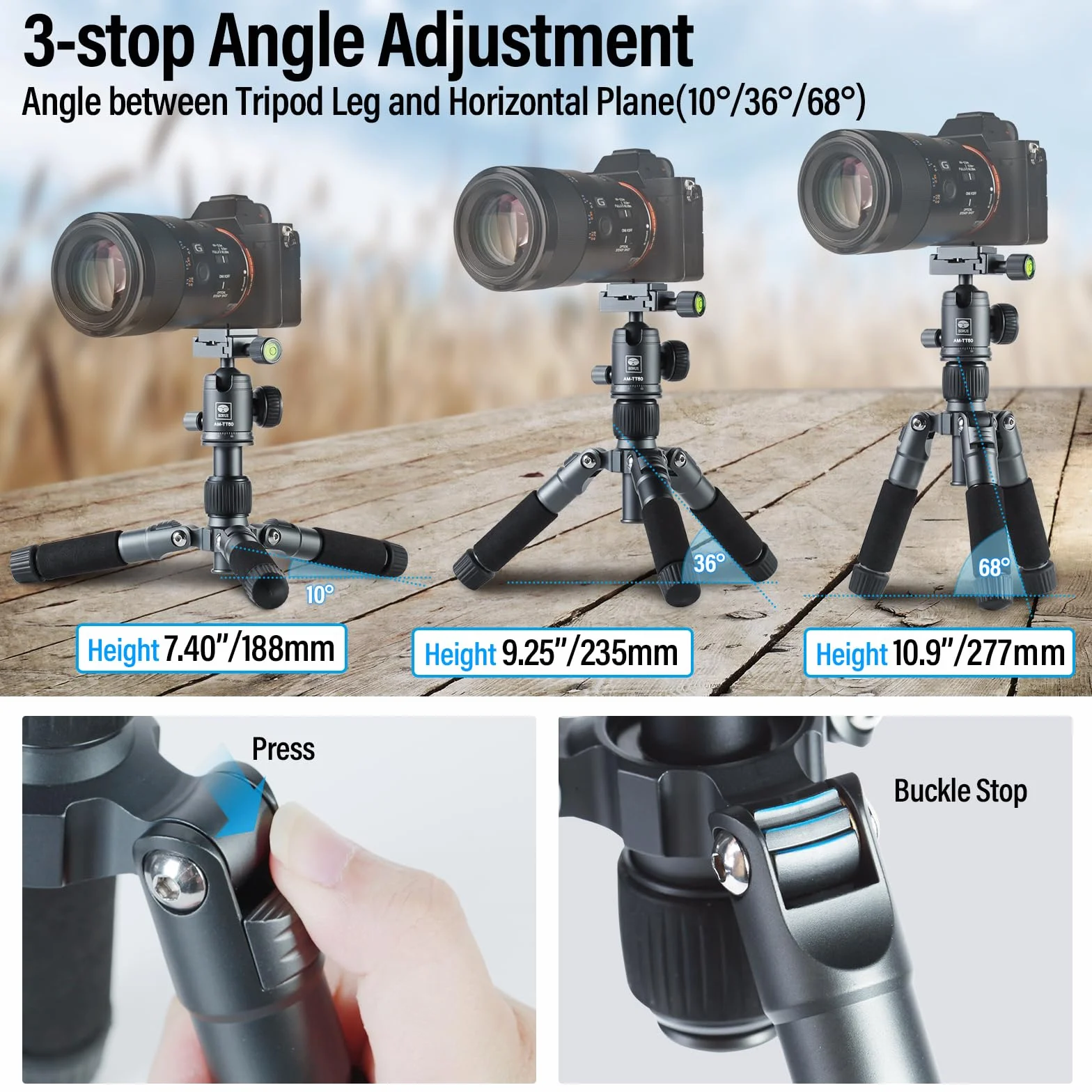 SIRUI Kompaktowy mini statyw biurkowy, 50.8 cm aluminiowy przenośny mały statyw stołowy z głowicą kulową 360° do telefonu z aparatem DSLR, ładowany do 10 kg, uchwyt na telefon w zestawie, AM-TT50