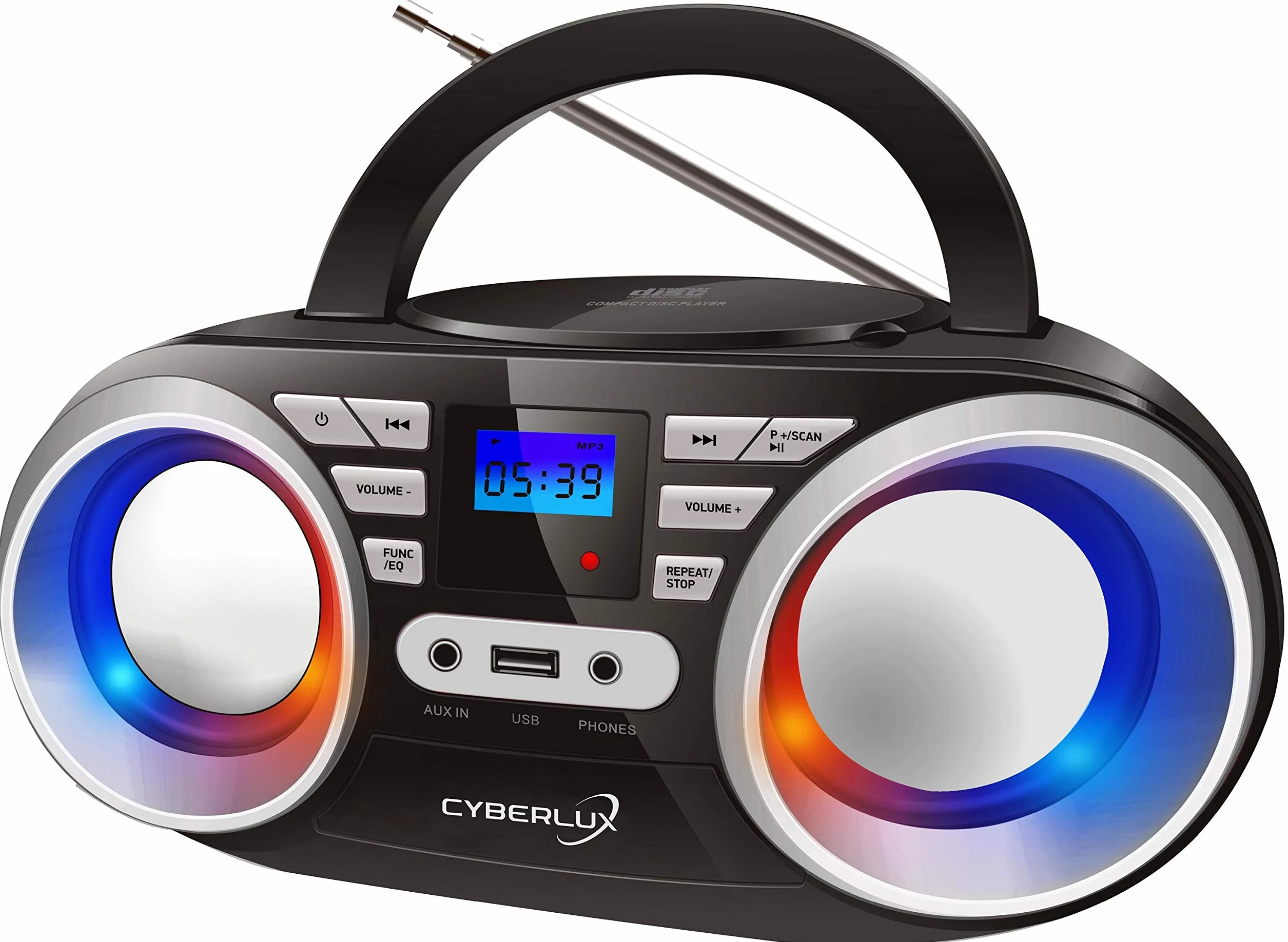 Przenośny odtwarzacz CD | Światła disco LED | Boombox | CD/CD-R | USB | Radio FM | Wejście AUX | Gniazdo słuchawkowe | 20 gniazd pamięci | Radio dla dzieci | Radio CD | Kompaktowy system (czarny/Sunny