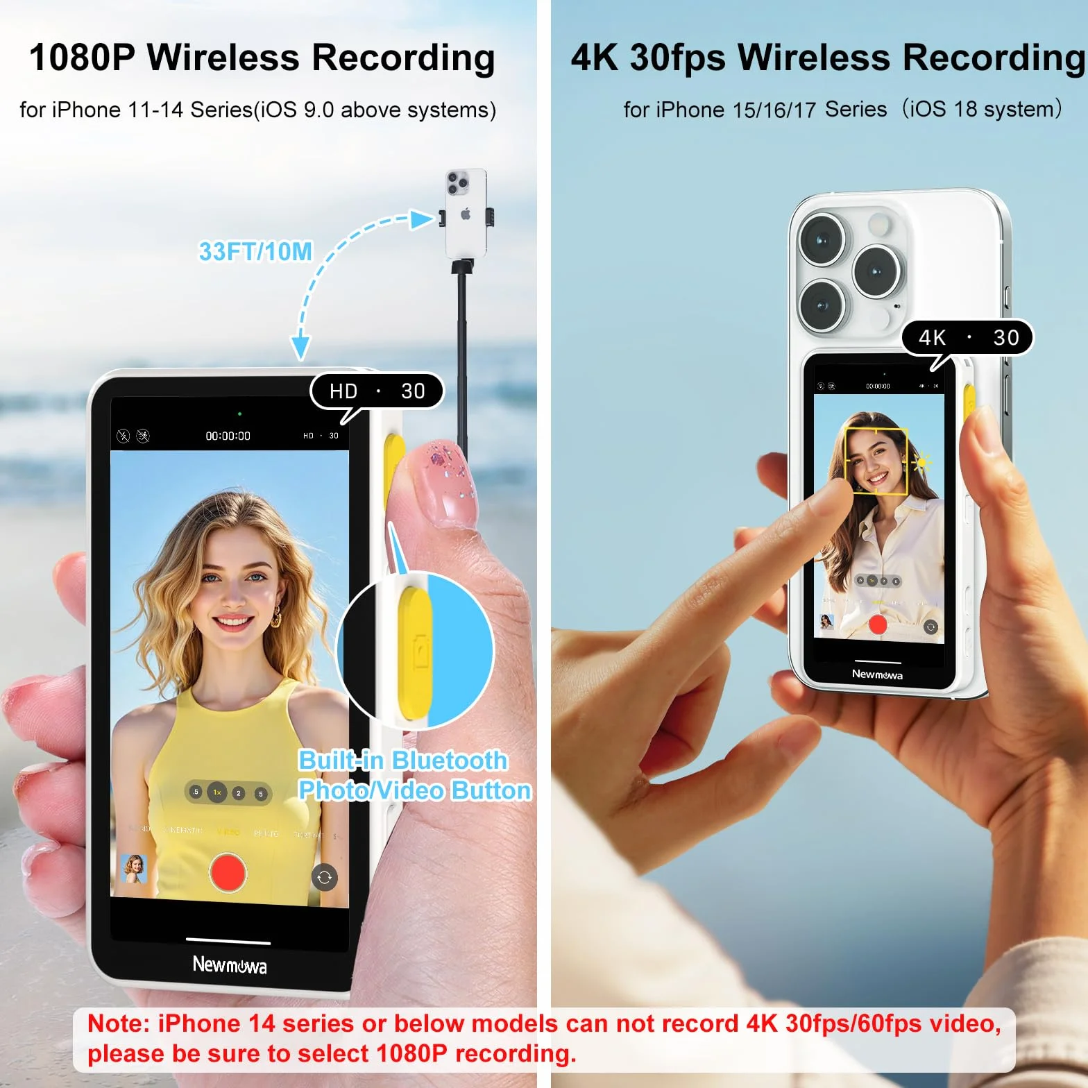 Newmowa Magnetyczny Selfie Monitor Ekranem Dotykowym,z Zoomem, Nagrywanie Bezprzewodowe 1080P,Tylna Kamera Telefonu do Vlog TikTok,Kompatybilny z iPhone(Nagrywanie 4K 30fps Tylko dla iPhone 15/16/17)