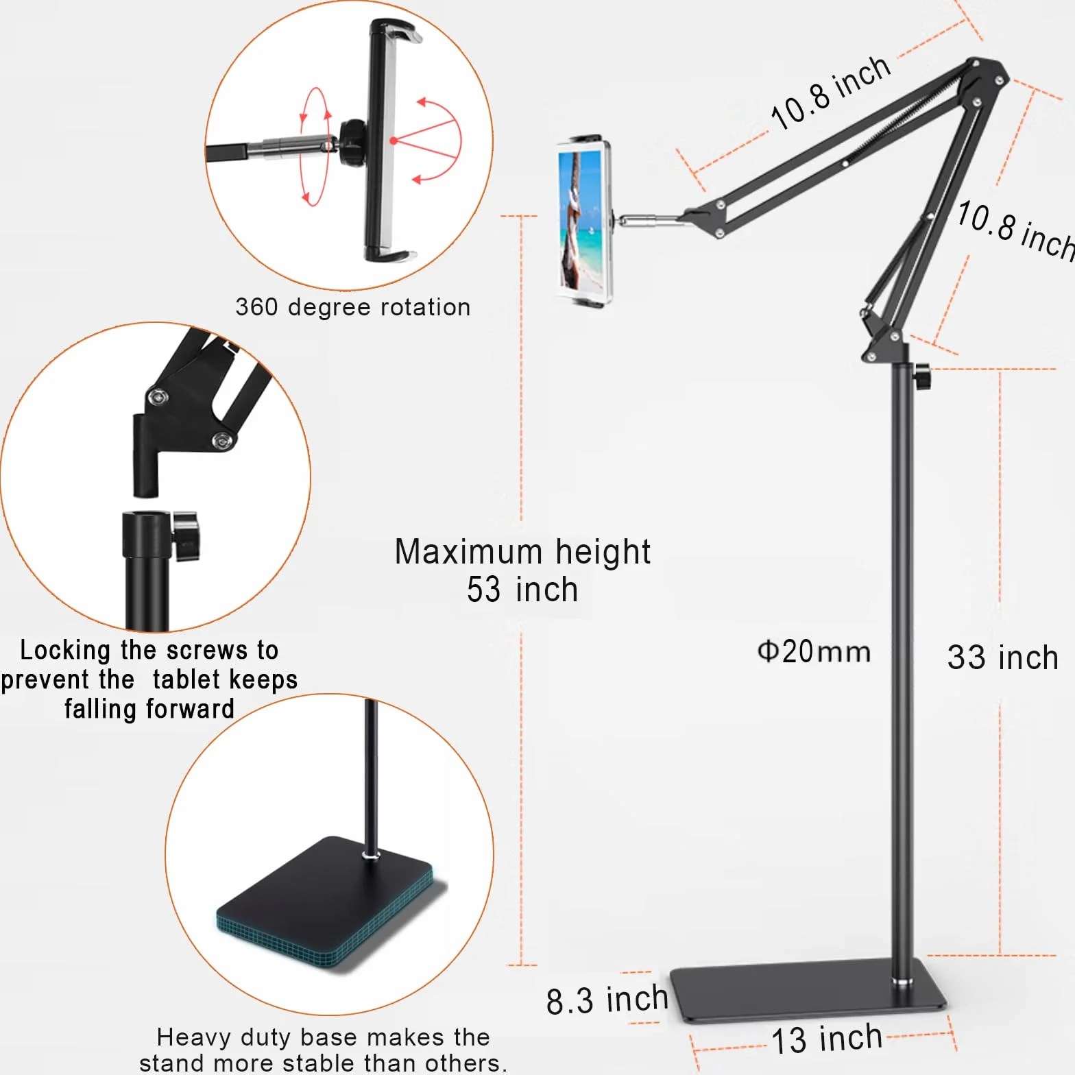 SAMHOUSING Uchwyt na tablet, metalowy uniwersalny regulowany uchwyt na tablet 360 stopni do iPada/iPhoneX/iPada Pro lub innych urządzeń 4,7-12,9 cala