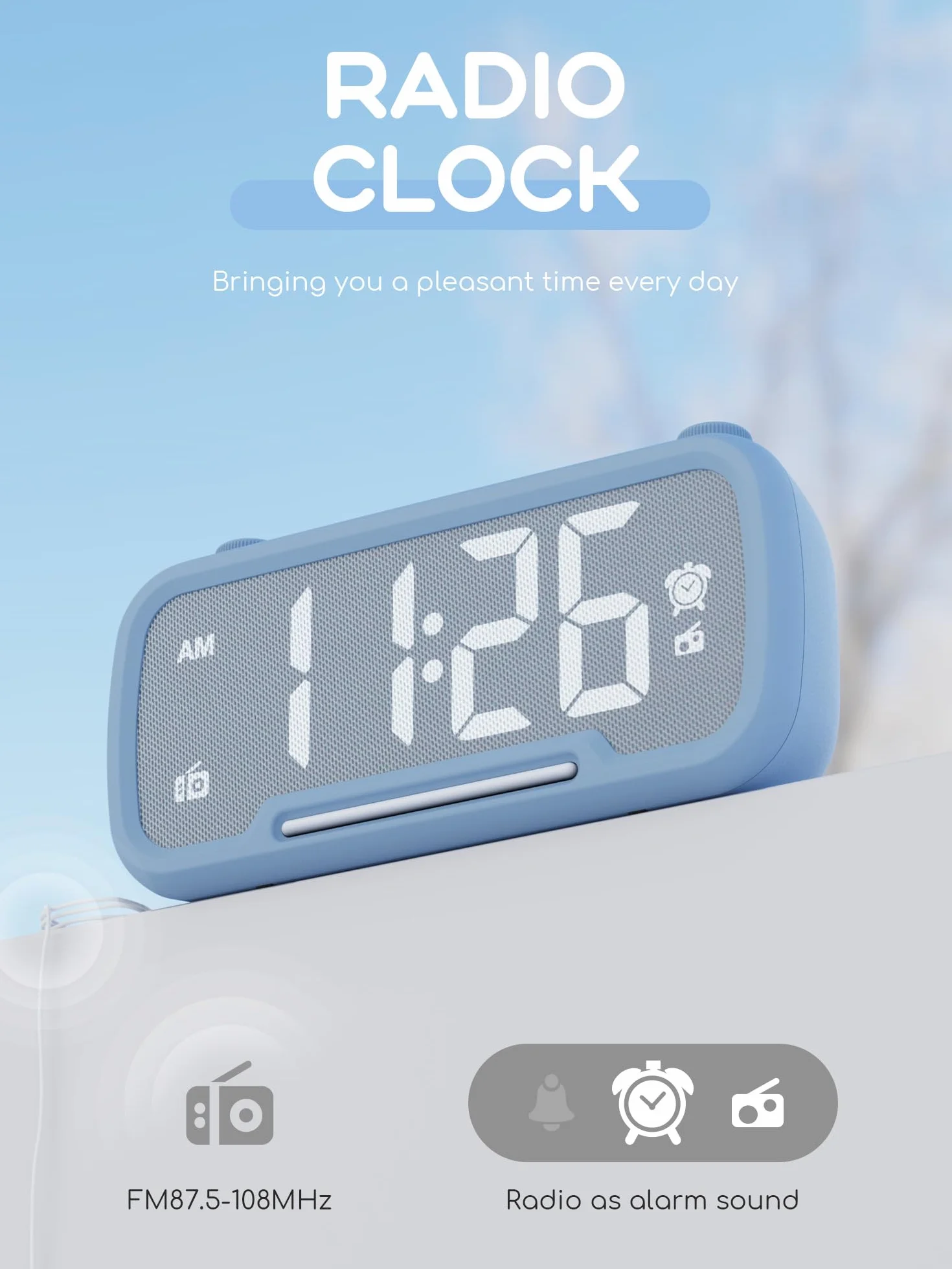 ROCAM Budzik z lampką nocną zegar LED radio FM cyfrowe zasilanie sieciowe ściemnianie USB Typ-C DST Nap timer zapasowa bateria