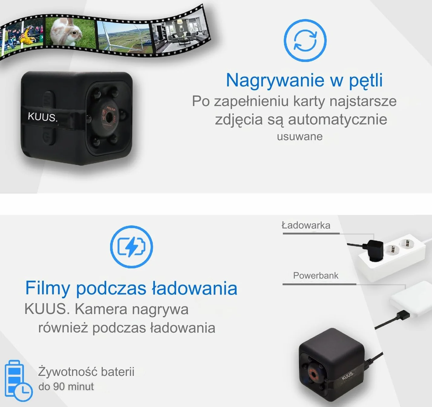 KUUS.® C1 Mini kamera szpiegowska 2,3 cm | Kamery audio i wideo | Ukryta kamera z kartą pamięci 32 GB | Mikro kamera szpiegowska bez WLAN | Tajne wnętrze | Wykrywanie ruchu | Noktowizor