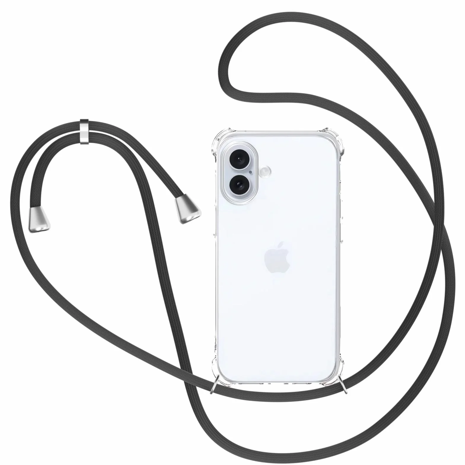 XTCASE Etui na iPhone 16 z paskiem, przezroczyste silikonowe etui na iPhone 16 z łańcuszkiem, odporne na uderzenia - sznurek z etui do zawieszenia w kolorze czarnym