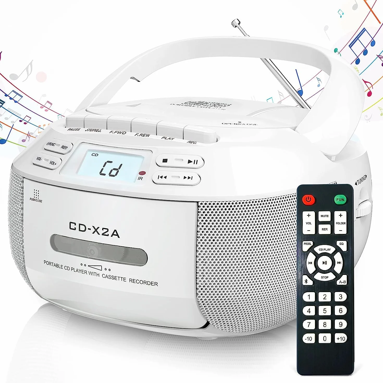 Greadio Przenośny odtwarzacz CD Boombox z Bluetooth, radio FM, USB/AUX, pilot