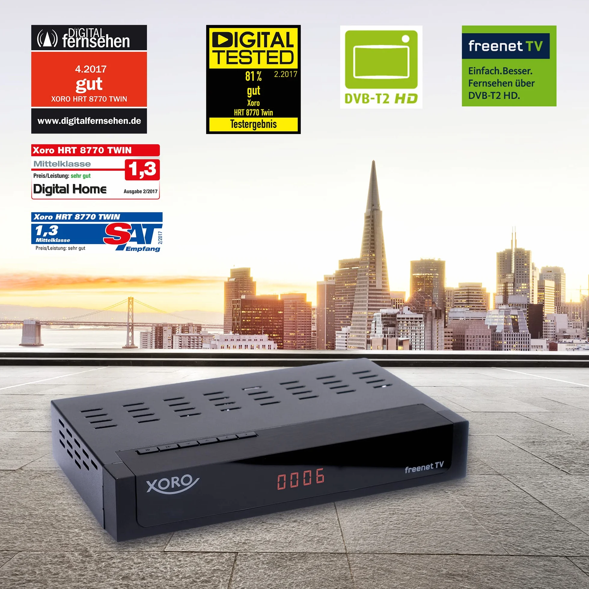 XORO HRT 8770 Twin - DVB-C/DVB-T2 FullHD Combo, zintegrowany system odszyfrowywania telewizji Freenet, podwójny tuner (dwa elementy odbiorcze), gotowość PVR, przesunięcie czasu