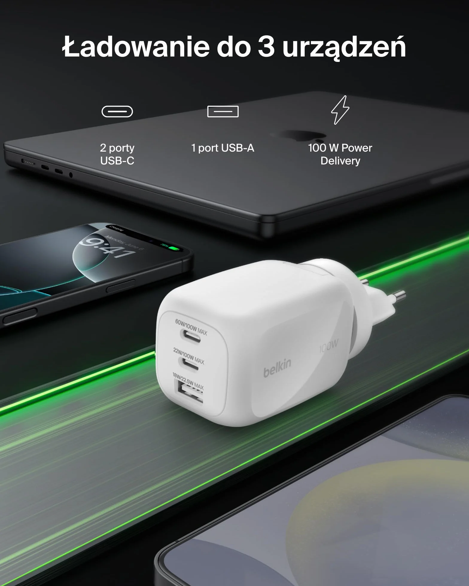 Belkin 3-Portowa ładowarka, ładowarka GaN z 2 portami USB-C i 1 portem A, Końcówki wtyczek UE/UK/US, do urządzeń MacBook, iPhone, iPad Pro, Samsung Galaxy, Google Pixel – Biała