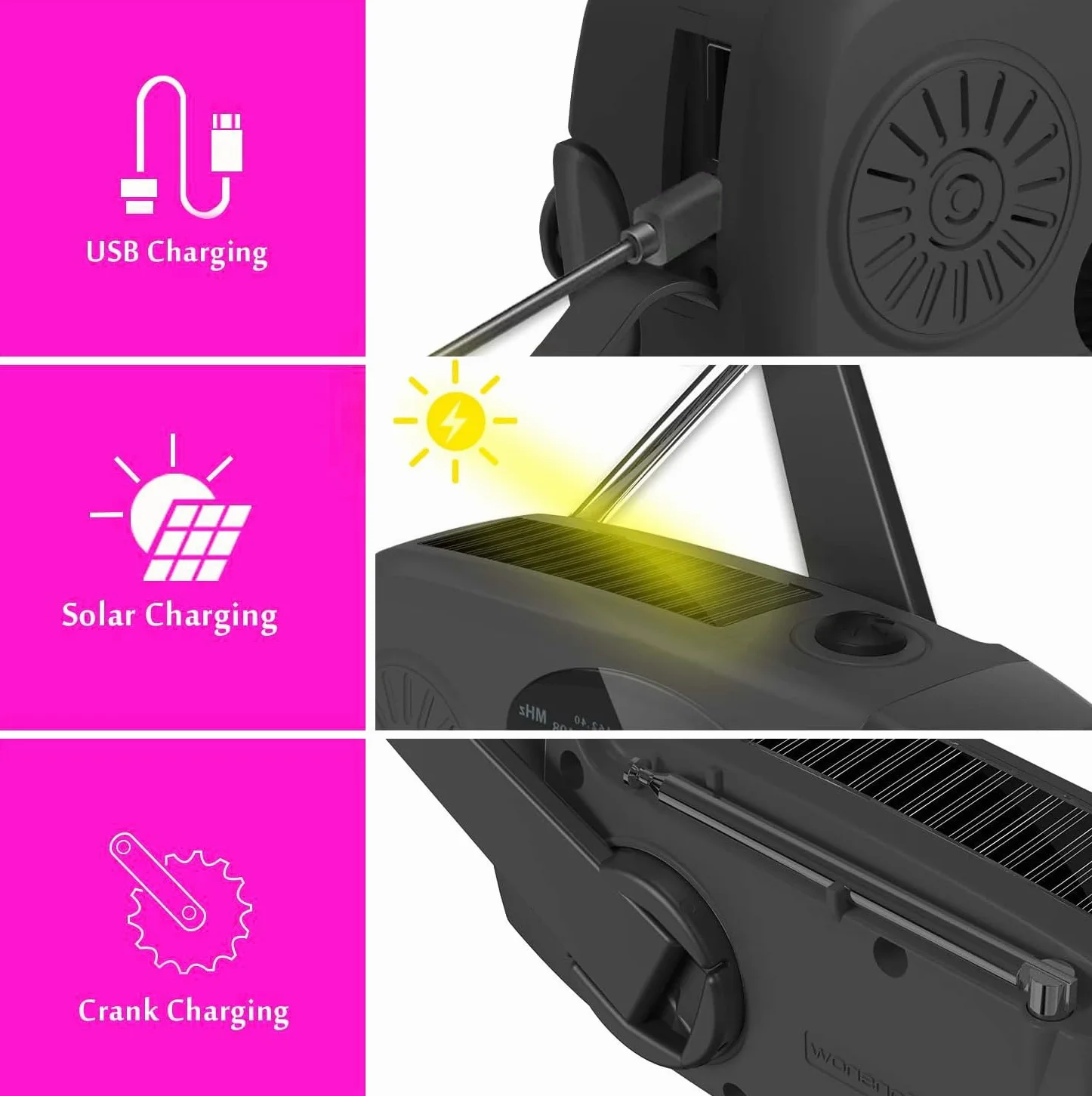 Radio awaryjne z korbą AM/FM solarne 2000 mAh powerbank latarka LED ładowarka czarny
