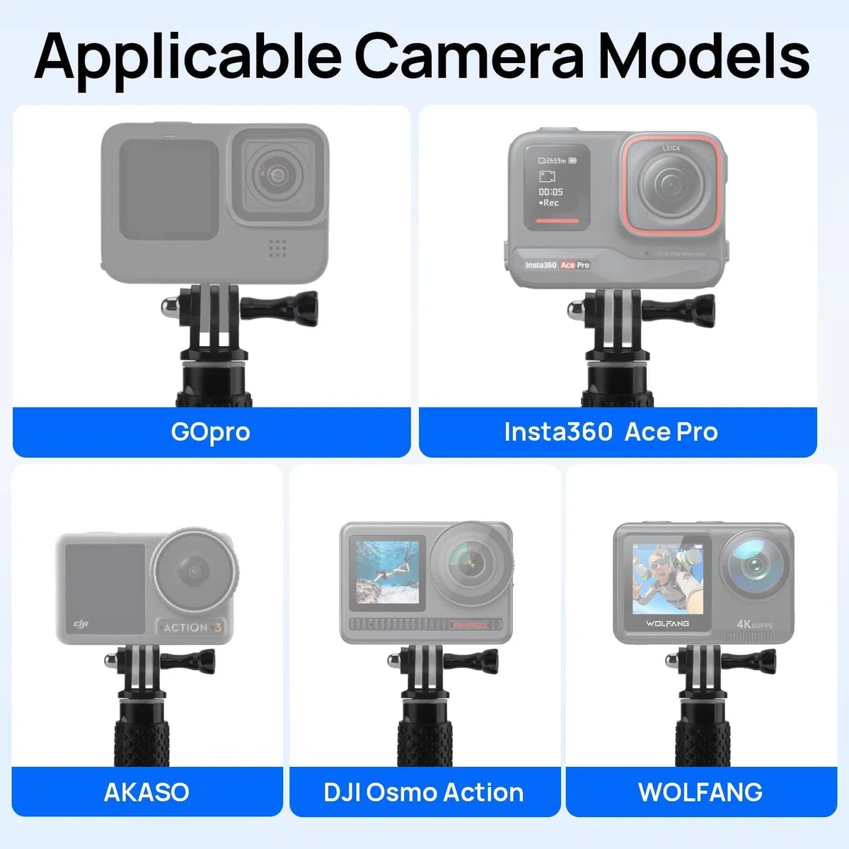 GlasFlength Kijek do selfie dla GoPro Hero 12 11 10 9 8 czarny, teleskopowy kijek do selfie dla Insta360/X3/One DJI Mini 3 Pro i innych kamer sportowych (stop aluminium)