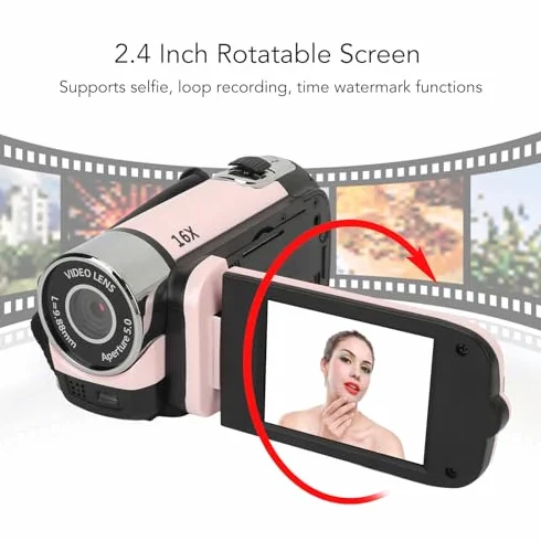 Cyfrowa Kamera Wideo 1080P 16 MP z Obrotowym Ekranem 2,4 Cala i 16-krotnym Zoomem (PINK)