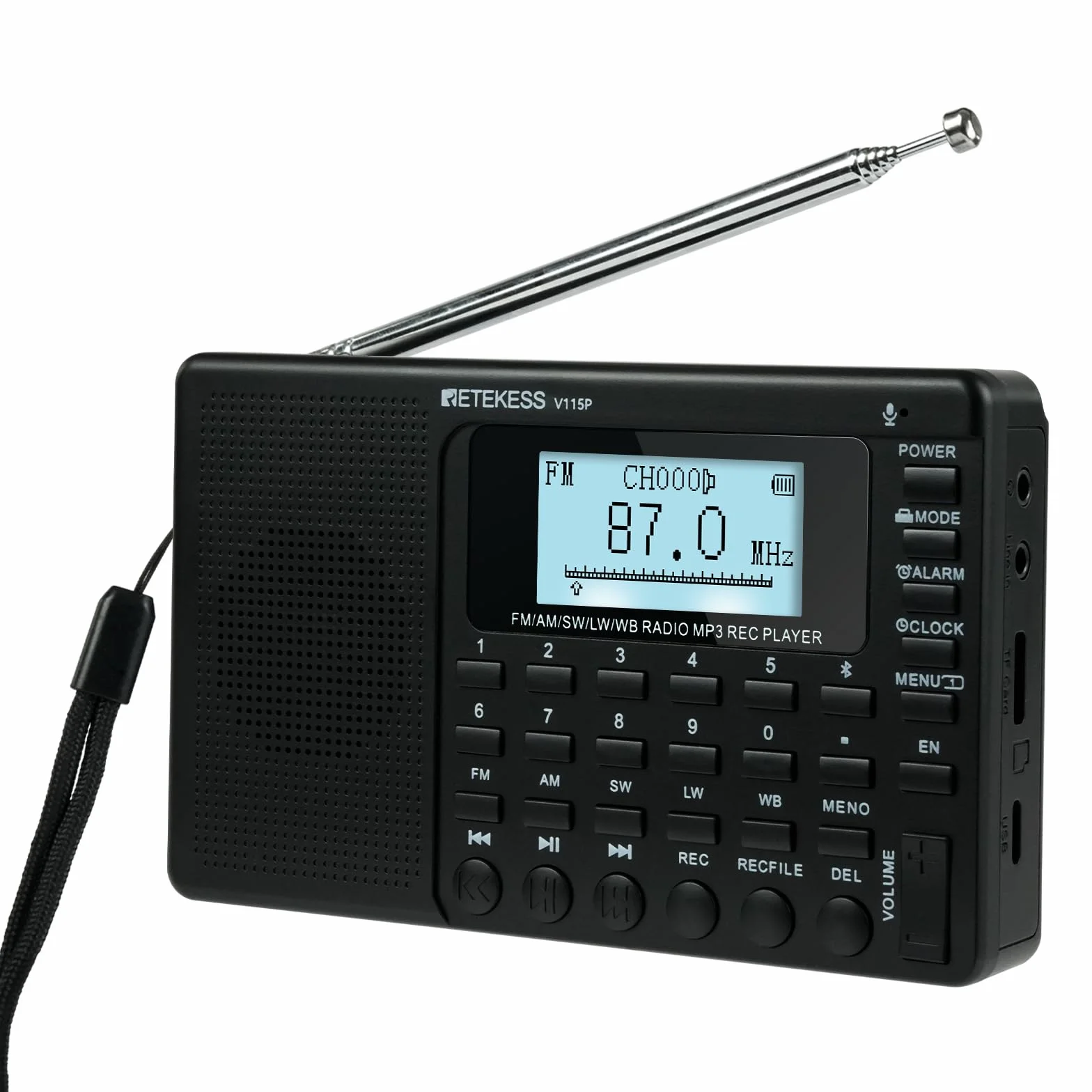 Retekess V115P Przenośne Radio, AM FM SW, akumulator 1800 mAh, wejście TF/AUX, nagrywanie, latarka, timer uśpienia, budzik, odpowiednie na wypadek sytuacji awaryjnych, na kemping