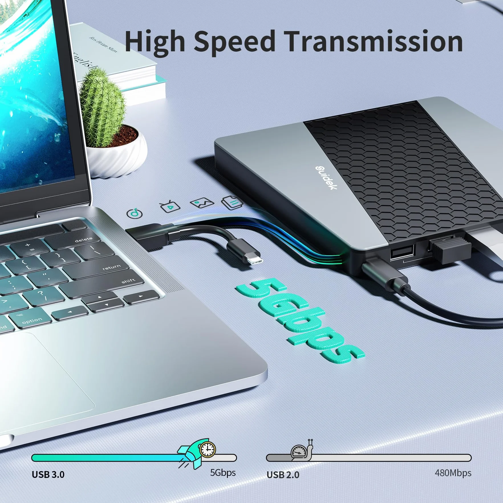 SUIDEK Zewnętrzny napęd CD/DVD, USB 3.0 USB C, przenośny odtwarzacz CD DVD +/-RW, odtwarzacz DVD z czytnikiem kart SD/Micro SD, koncentrator 7 w 1, kompatybilny z laptopem, komputerem stacjonarnym,