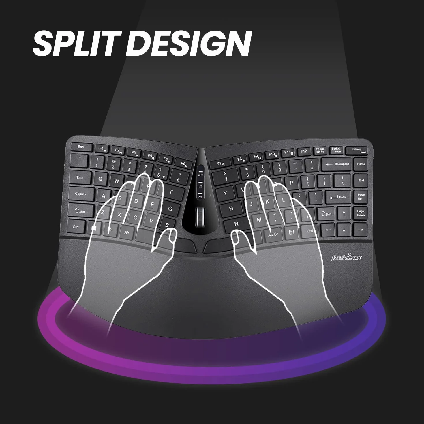 Perixx PERIDUO-606A, 3-in-1 Wireless Compact Ergonomiczna klawiatura z pionową klawiaturą myszy i numeryczną - Regulowany odpoczynek dłoni - Tilt Wheel - Membrane Low Profile Keys - US English Layout
