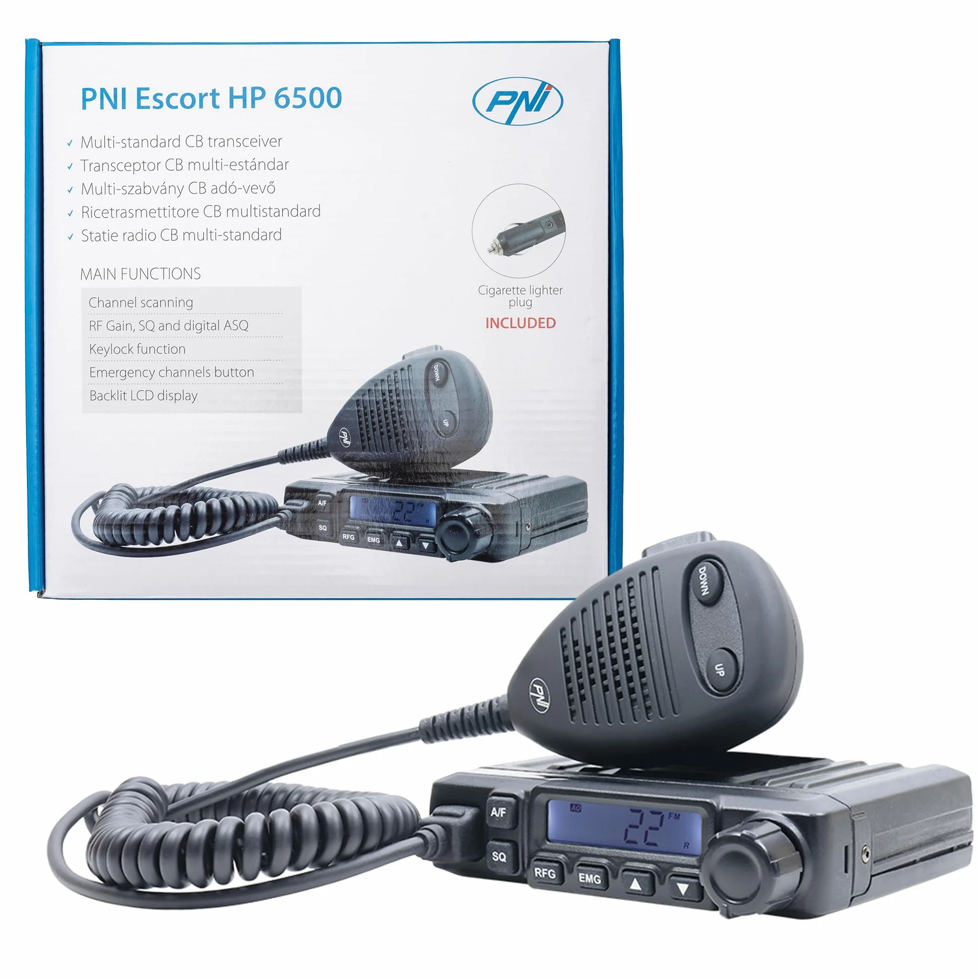 CB Radio PNI Escort HP 6500, Citizen Band, multistandard, 4W, 12V, ASQ, RF Gain, wtyczka do zapalniczki w zestawie, przełącznik AM/FM tylko dla pasma UE