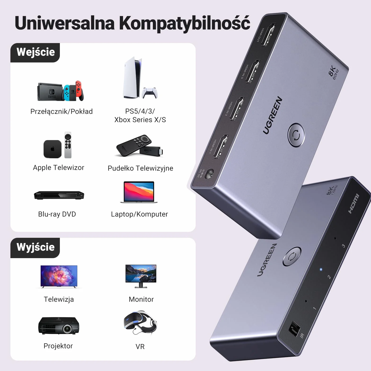 UGREEN Przełącznik HDMI 2.1, rozdzielacz HDMI 4K przy 120 Hz, wyjście 3 w 1, 8K przy 60 Hz, obsługa HDCP 2.3, VRR i ALLM, Dolby Vision i Atmos, wysoka prędkość 48 Gb/s dla PS5, Xbox, TV Box