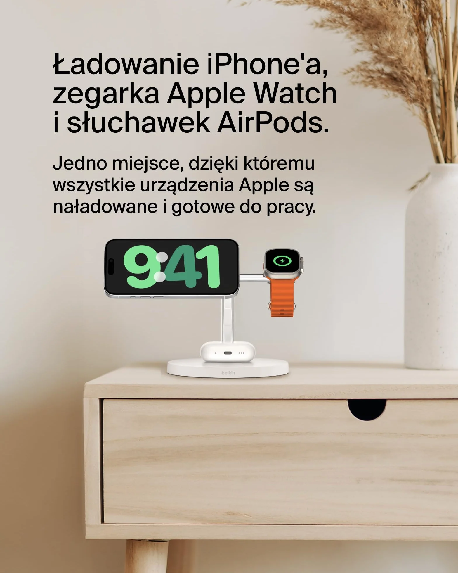 Belkin BoostCharge ładowarka Qi2 3 w 1, stacja do ładowania bezprzewodowego zgodna z MagSafe, ładowarka Qi2 do urządzeń Apple iPhone serii 16, Apple Watch i AirPods, zasilacz w zestawie – biała