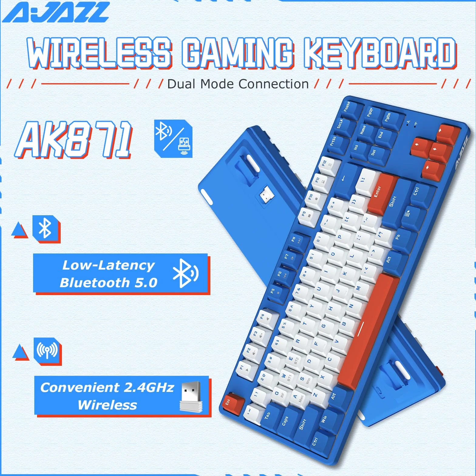 A.JAZZ AK871 Bezprzewodowa Klawiatura do Gier 75%, Dwa Tryby Bluetooth/2.4 Ghz, Mechaniczna Klawiatura TKL 80%, Hot-Swappable, Kompaktowe 87 Klawisze, Bez Podświetlenia dla Win/Mac - Blue/Red Switch