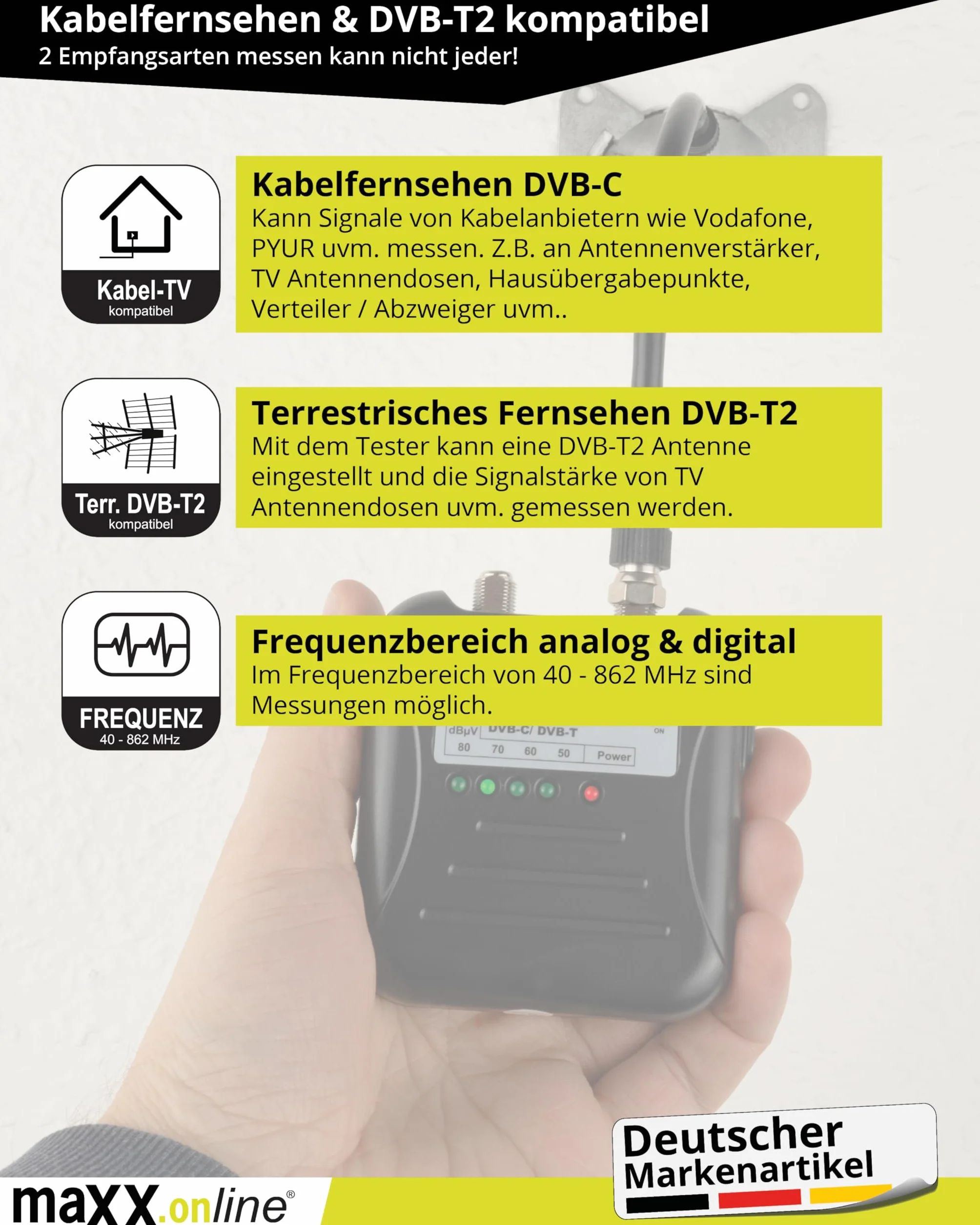 Tester sygnału (ST-1) do telewizji kablowej DVB-C/DVB-T, 40-862 MHz, zasilanie bateryjne