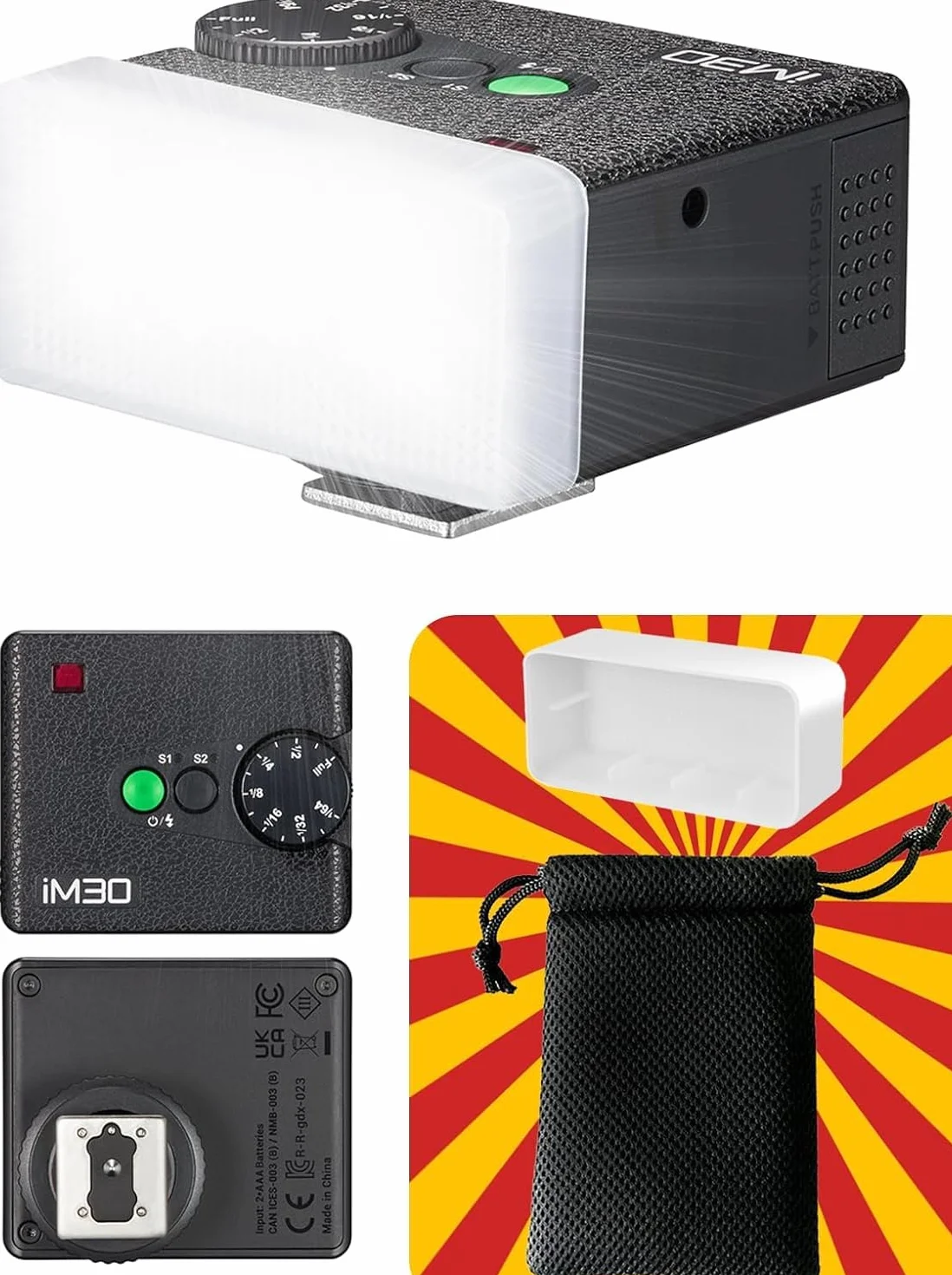 Godox IM30 Mini Lampa Błyskowa GN15 78g Ultralekki S1/S2 Sterowanie Optyczne 7 Poziomów Mocy