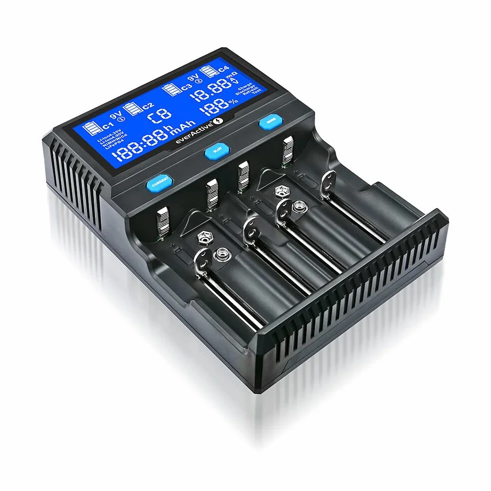everActive Ładowarka do 4 cylindrycznych akumulatorów litowo-jonowych i Ni-MH, profesjonalna, szybka i uniwersalna, wyświetlacz LCD, test pojemności, model: UC4200