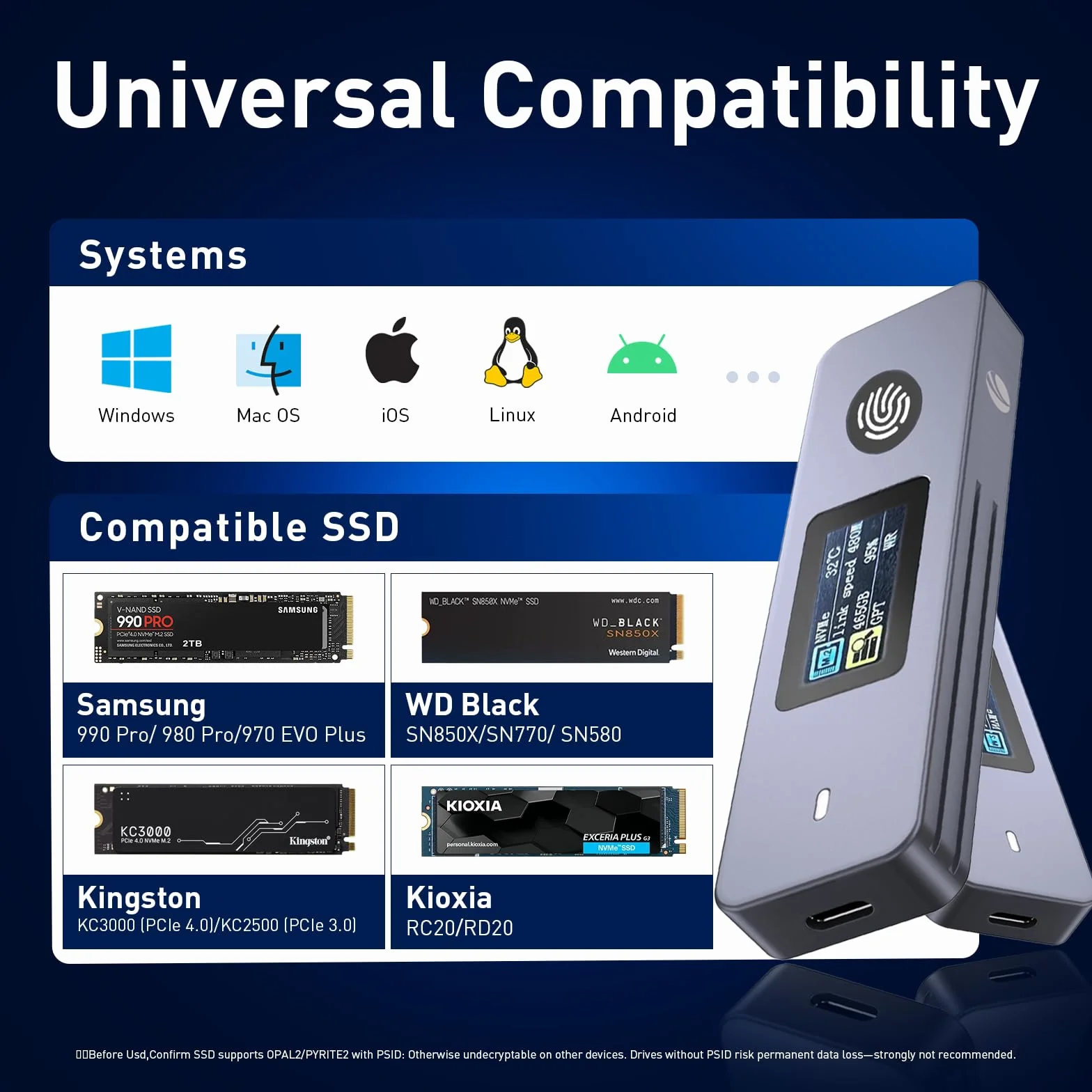 VCOM Obudowa SSD z wyświetlaczem LCD i szyfrowaniem linii papilarnych, USB 3.2 Gen2 10 Gb/s, M.2 NVMe i SATA, sprzętowy szyfrowany dysk zewnętrzny