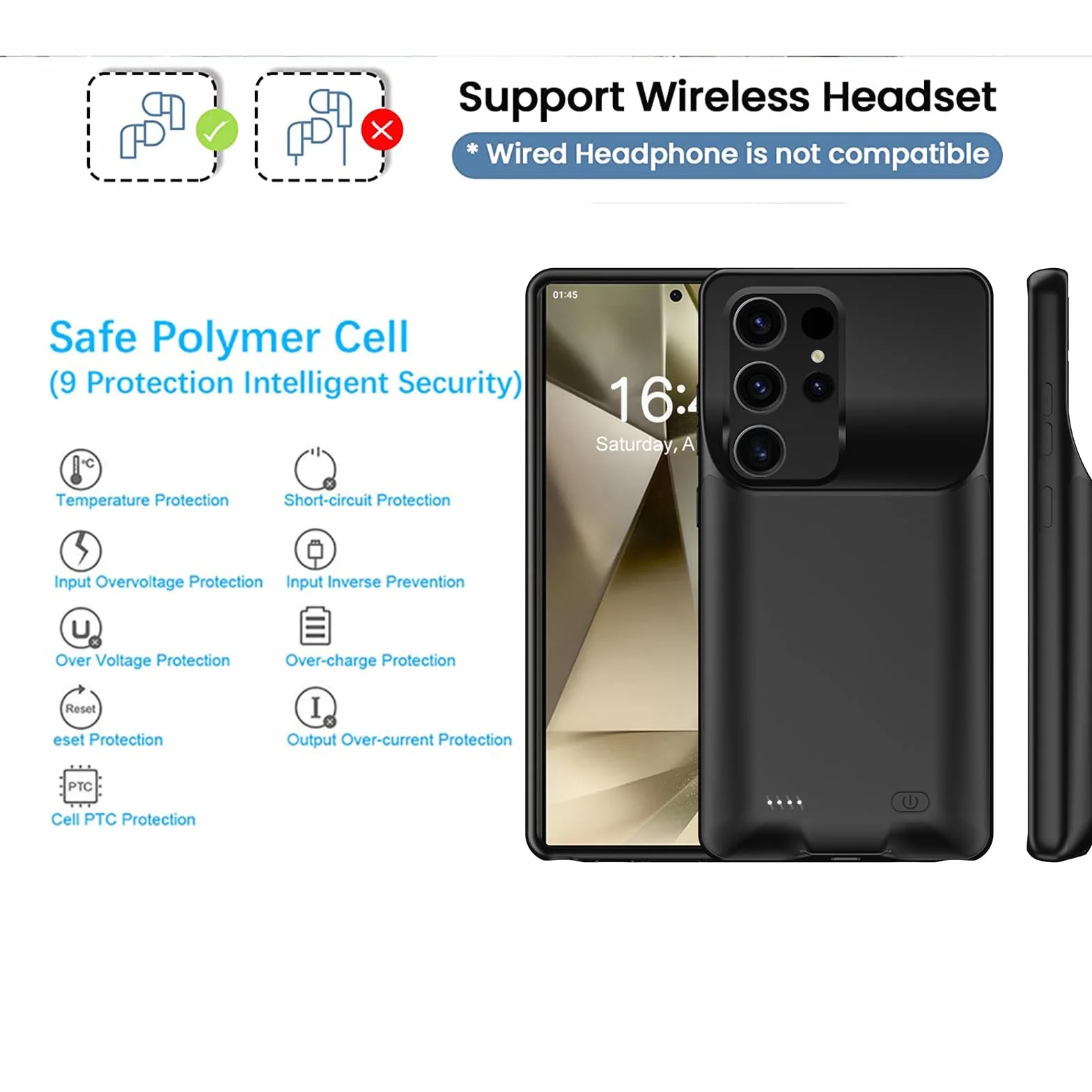 Etui na baterie 10000mAh do Samsung Galaxy S24 Ultra ładowalna obudowa ładująca, przenośna obudowa baterii do Samsung Galaxy S24 Ultra 5G czarna obudowa zasilania