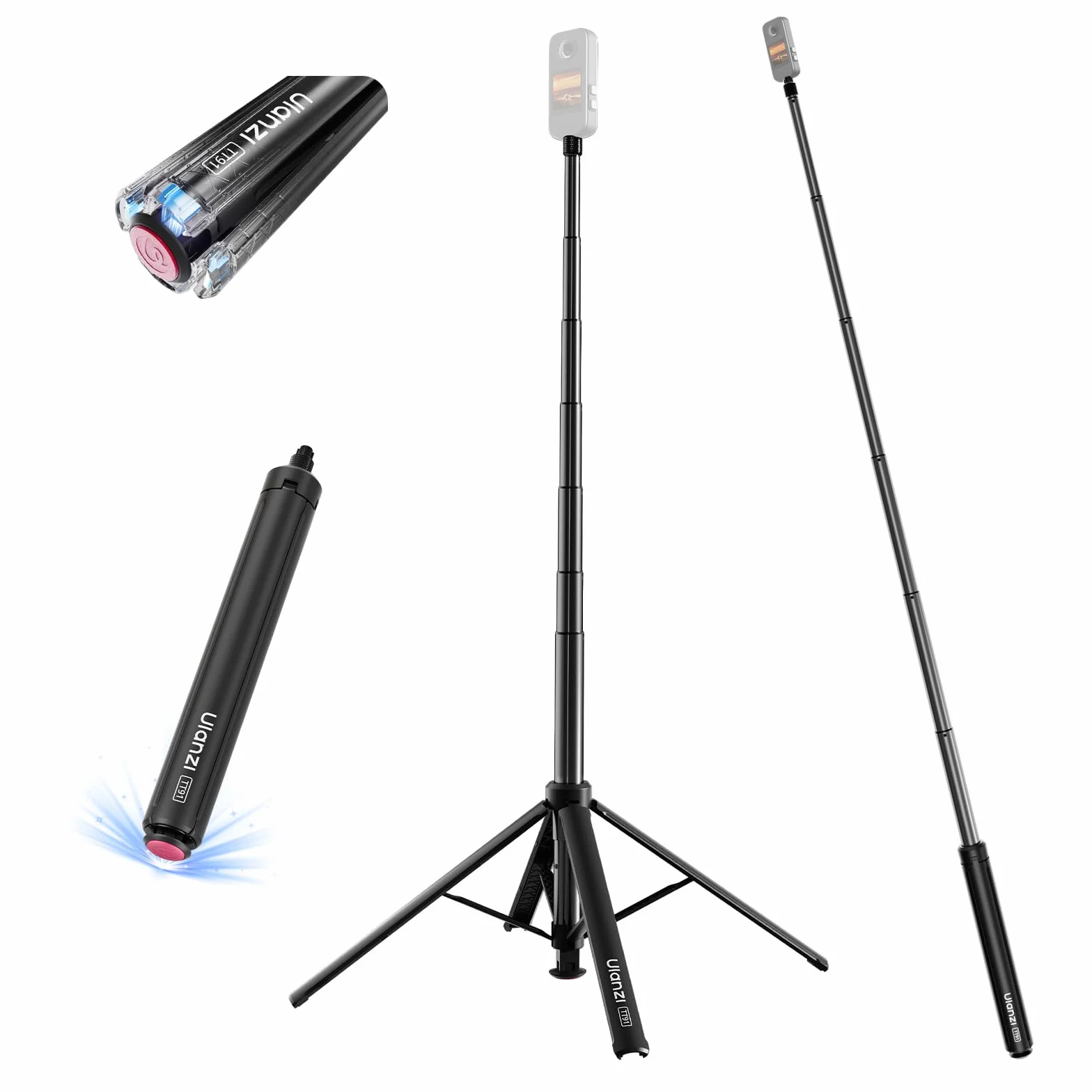 ULANZI TT91 Niewidoczny Statyw-Selfie Stick, automatyczne rozkładanie i magnetyczne zamykanie, 4 nogi, 2 w 1, 8-sekcyjny wysuw do 166 cm, uchwyt 1/4" do Insta360 X5/X4/X3/DJI Osmo 360