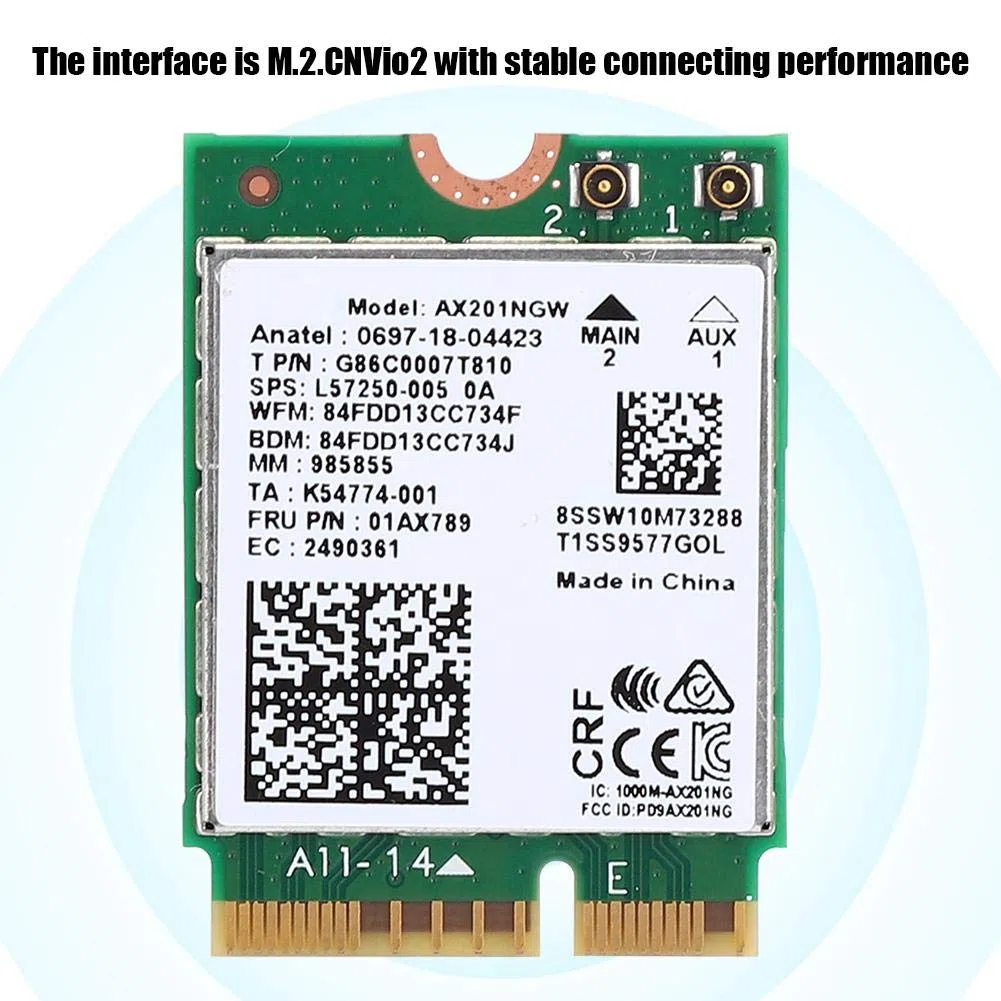 ASHATA AX201NGW WiFi 6 karta sieciowa, 2400 m WLAN i Bluetooth 5.0 karta do interfejsu M.2 CNVi02, tylko do urządzeń 64-bitowych