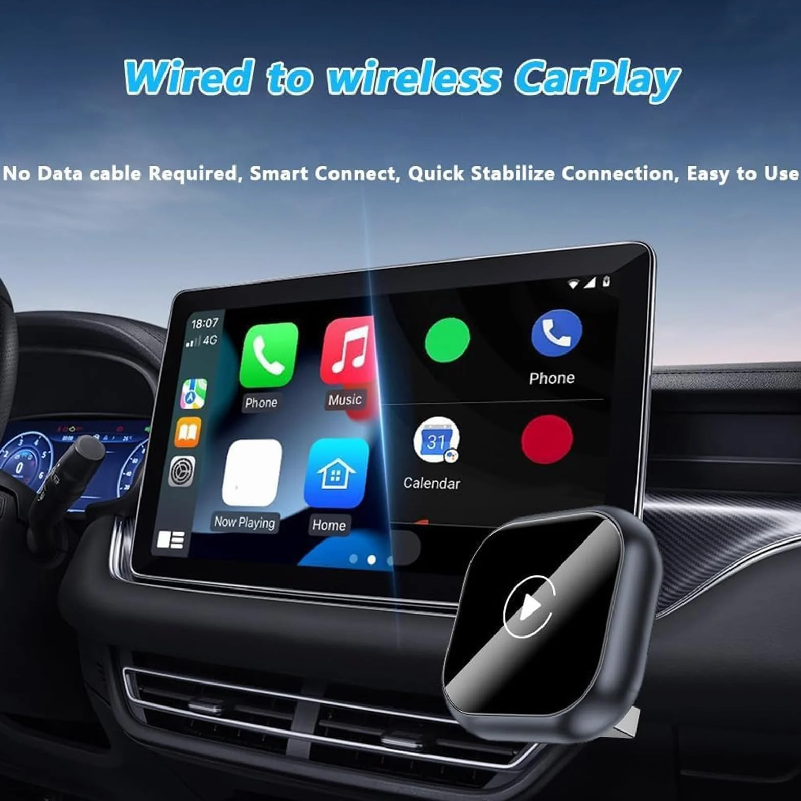 Adaptador CarPlay dla SsangYong KGM Torres, USB Conexión Rápida y Stabilny Bluetooth Bezprzewodowe WiFi Plug Play Akcesoria samochodowe, A/Czarny