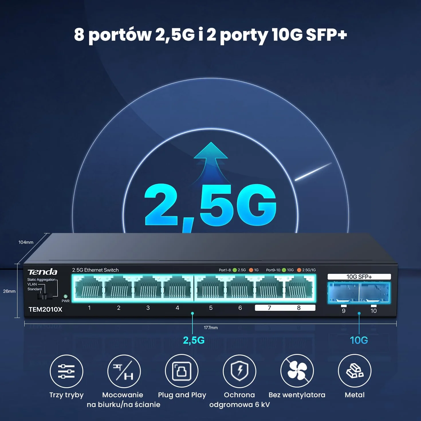 Tenda Przełącznik 2,5 Gb z 8 portami 2,5 G i 2 portami SFP+ 10G (VLAN, agregacja statyczna, brak zarządzania, Plug and Play, metalowa obudowa) (TEM2010X)