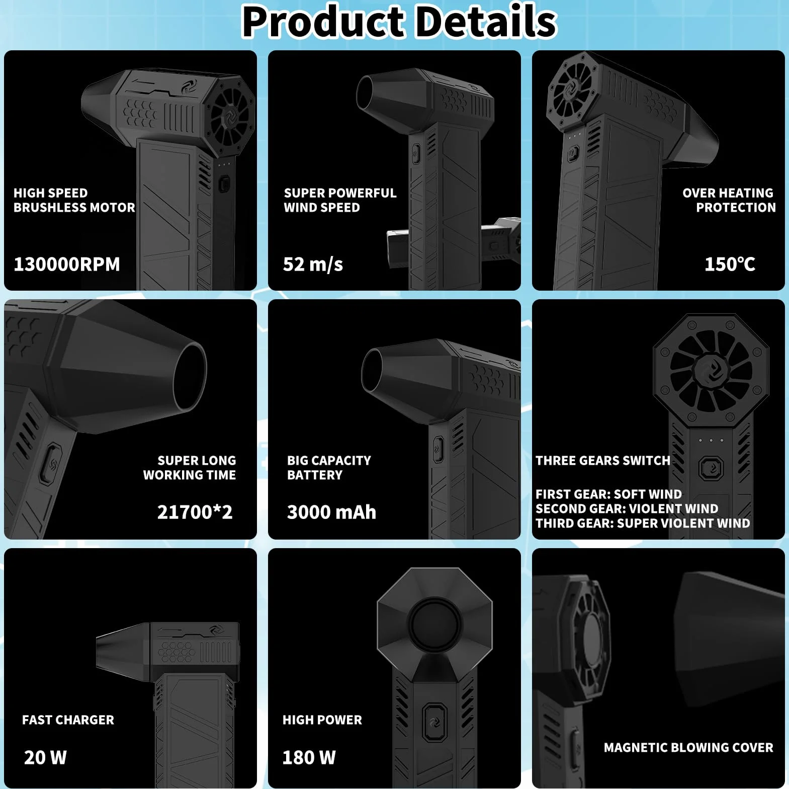 X3 Mini Turbo Jet Wentylator Dmuchawa Turbo 130000RPM 3 biegi 6000mAh