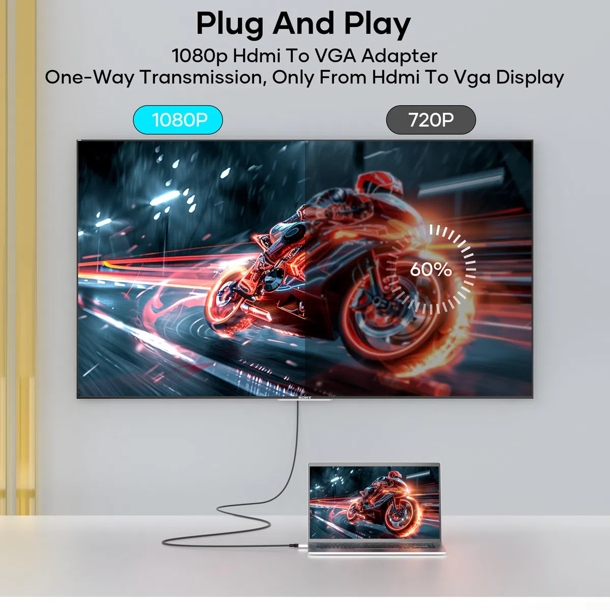 kabel HDMI na VGA 1,5m, jednokierunkowy kabel HDMI na VGA D SUB 15 Pin, kabel HDMI na VGA kompatybilny z podłączeniem PC, laptopa i innych urządzeń HDMI do monitora/projektora/HDTV 1080P@60Hz