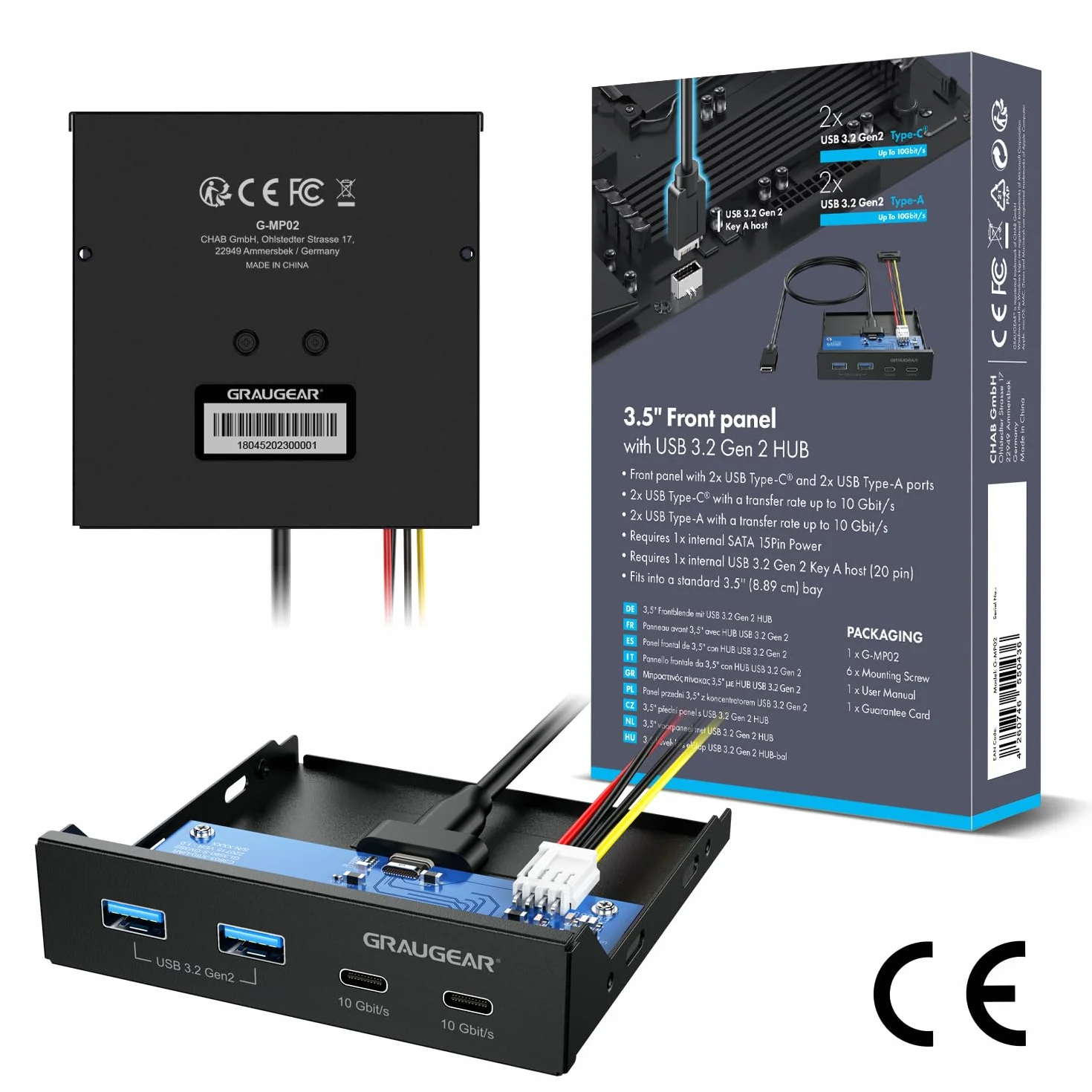 GRAUGEAR | 4 porty 10 Gbit/s panel przedni | 2 x USB-C+2X USB-A USB3.2 Gen2 HUB | osłona przednia do kieszeni 3,5 cala | USB3.2 Gen2 Key A 20-pinowy nagłówek | metal | G-MP02