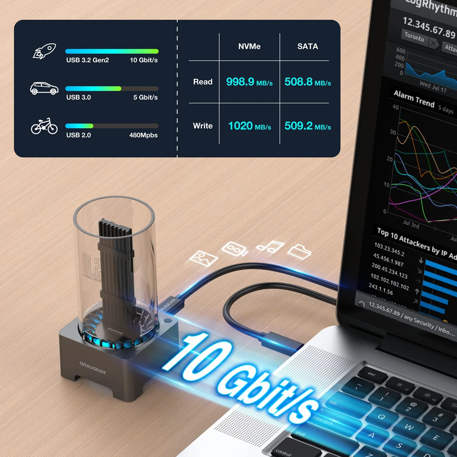 GRAUGEAR Stacja dokująca do M.2 NVMe SSD z radiatorem i wentylatorem