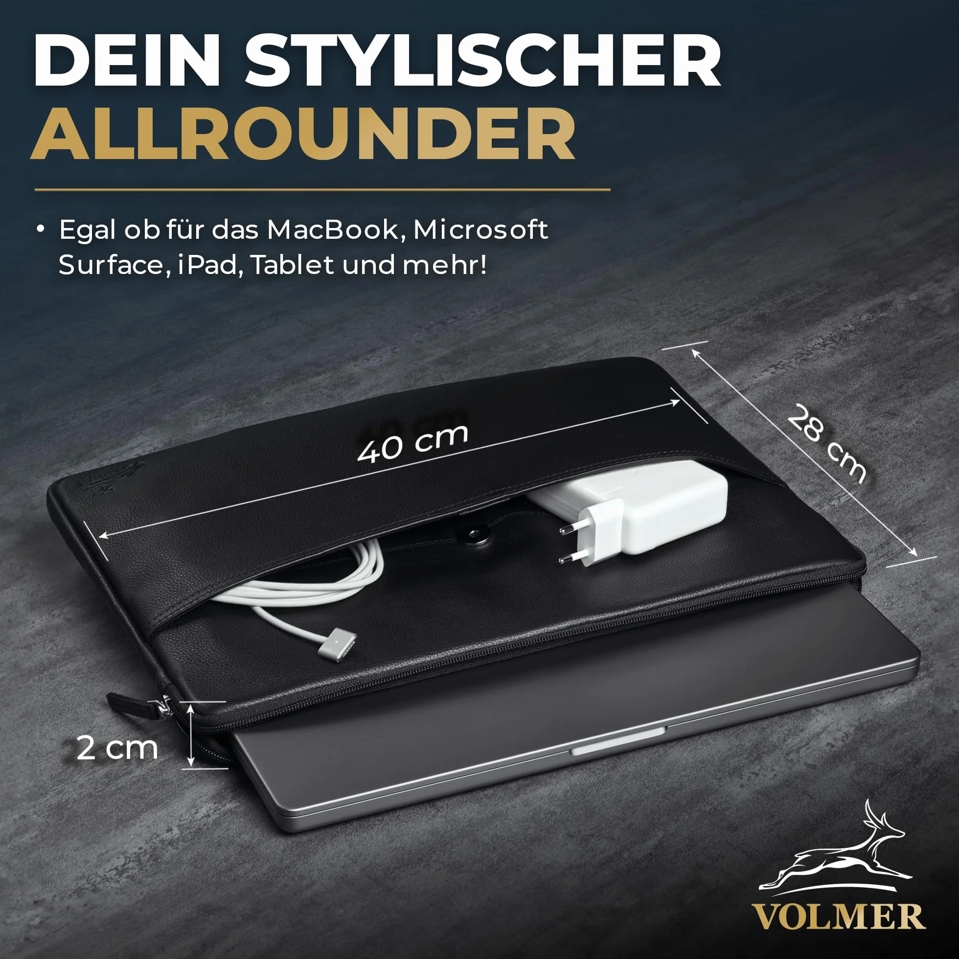 Fa.Volmer ® Etui na laptopa 13,3/15,6 cala ze szlachetnej skóry – brązowe/czarne – z metalowym zamkiem błyskawicznym – wyściełane – do MacBook, Microsoft Surface i wielu innych