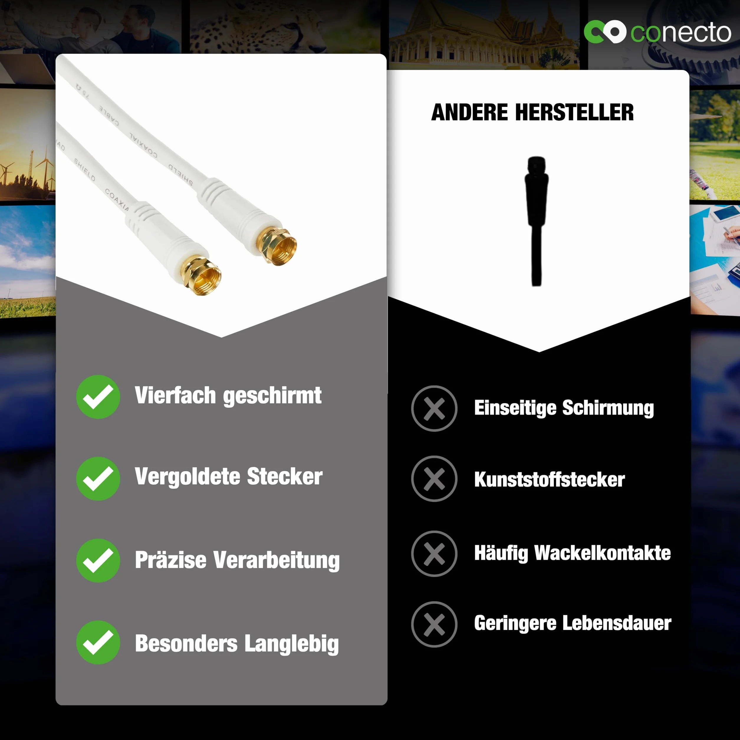conecto Kabel antenowy SAT, kabel koncentryczny, kabel satelitarny TV 10 m, 4-krotnie ekranowany, wtyczka F, do HDTV, odbiornika, satelity, DAB, radia, biały