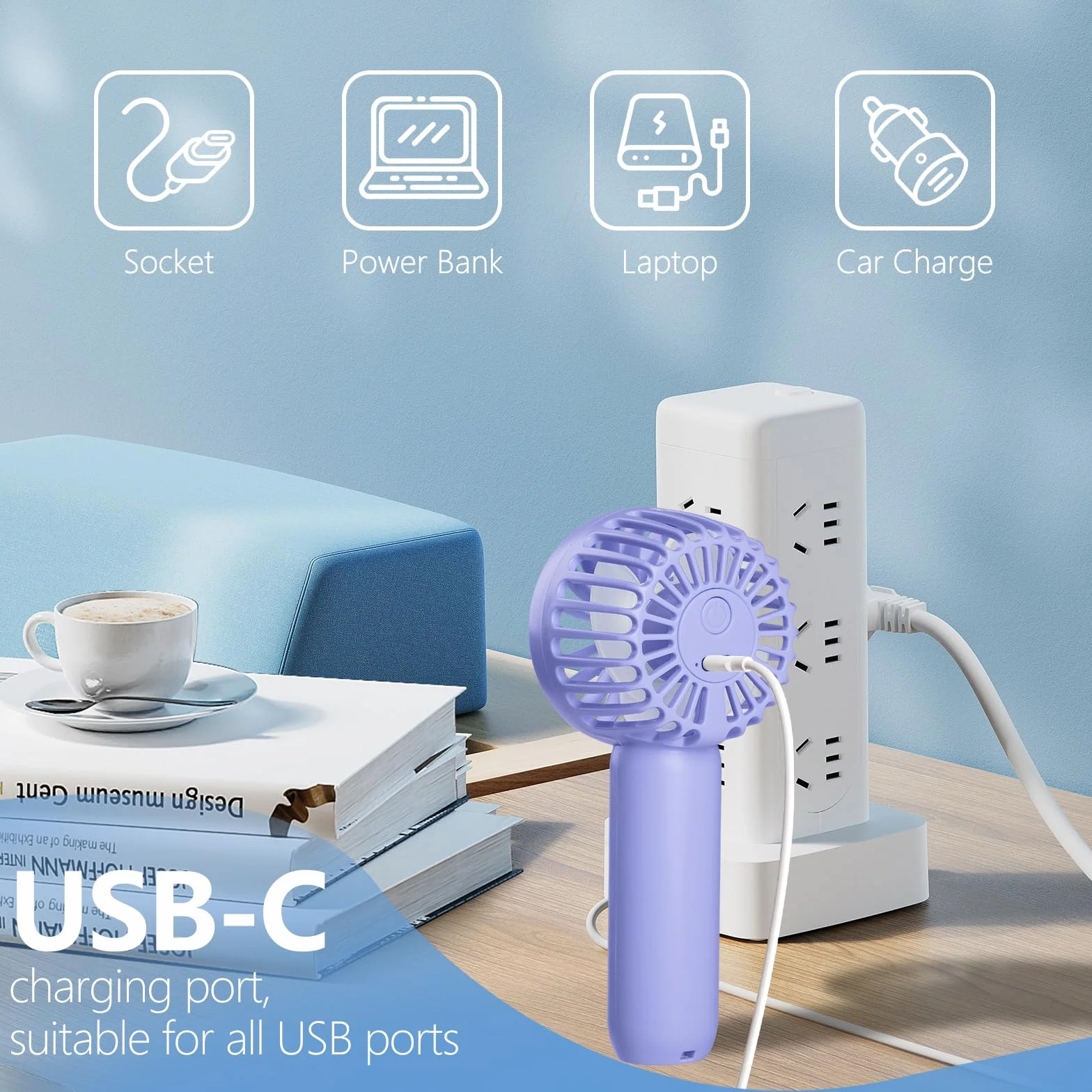 Hianjoo Przenośny mini wentylator, 2000 mAh, mały wentylator kieszonkowy, ładowany przez USB, wentylator ręczny i stojący wentylator do domu, na zewnątrz i do biura, fioletowy