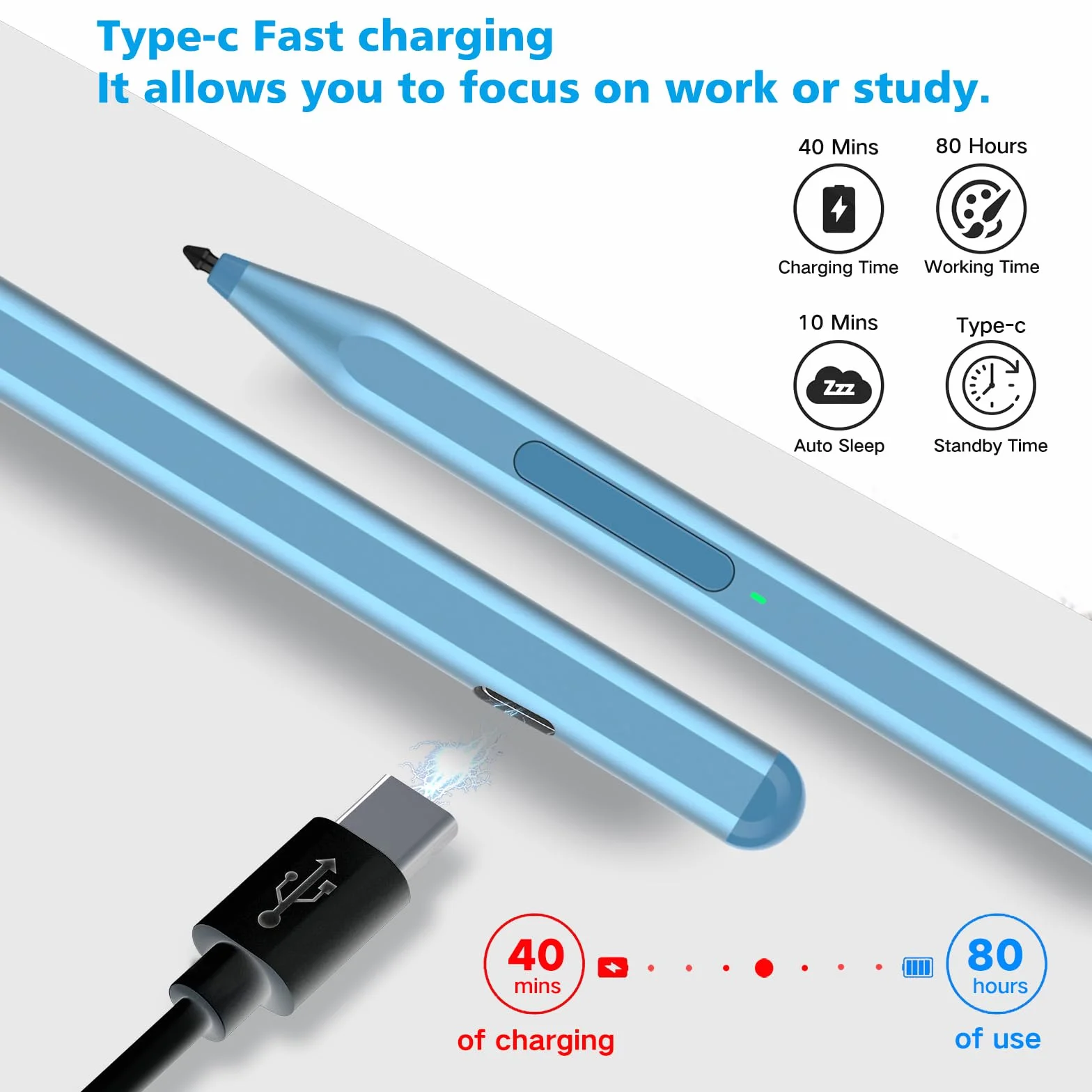Rysik do Microsoft Surface Pro11/10/9/8/X/7+/6/5/4/3,Surface Go 4/3/3/2/1,Surface Laptop 1-6/Studio/Book 3/2/1 z Bocznym Przyciskiem Gumki,Odrzuceniem Dłoni,Funkcją Pochylenia,Naciskiem 1024 (Blue)