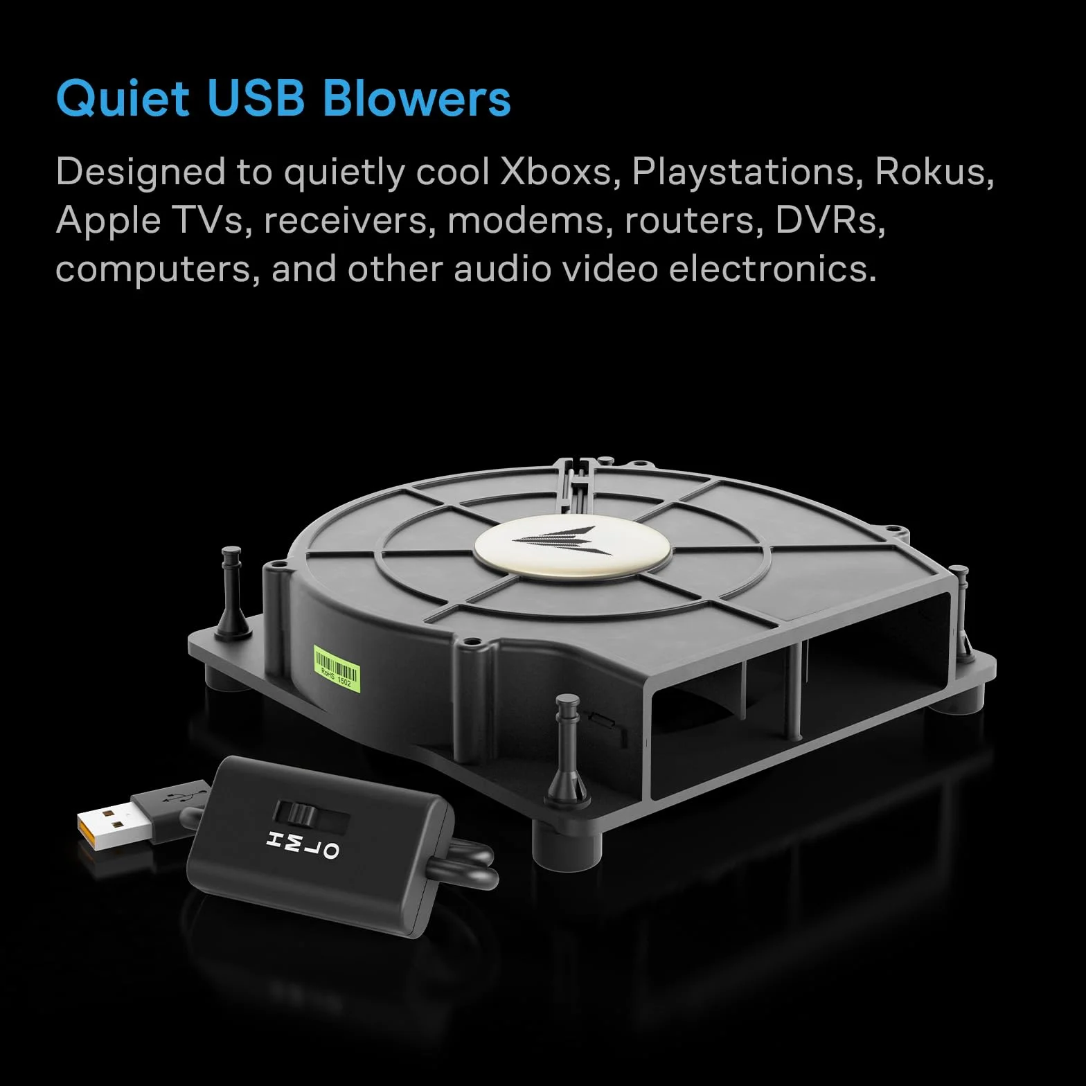 AC Infinity MULTIFAN S2, cichy wentylator dmuchawy USB 120 mm z regulacją prędkości, certyfikat UL, do odbiornika, DVR, Xbox, modemu, AV, chłodzenie szafką
