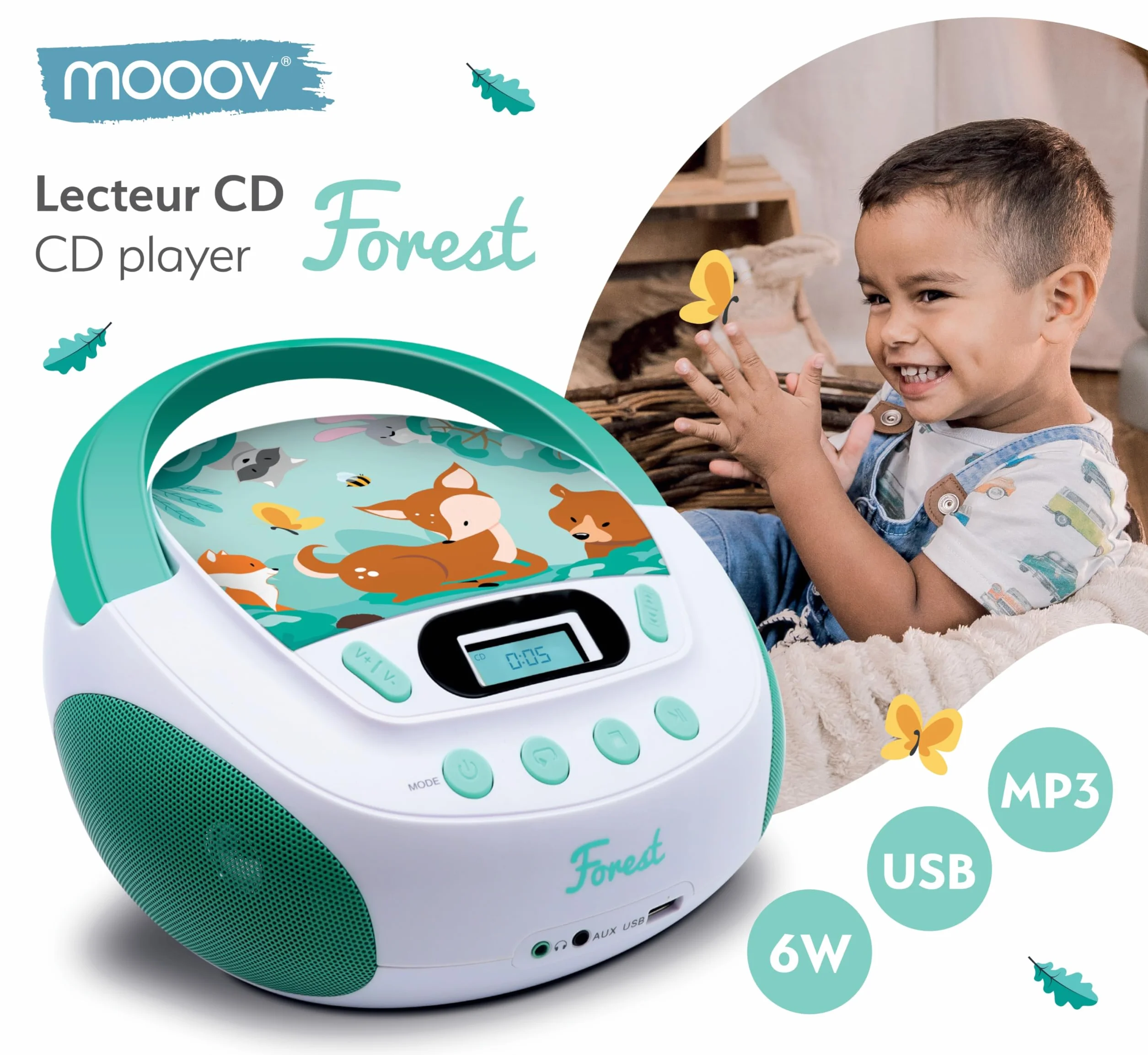 Odtwarzacz CD MP3 Forest Metronic dla dzieci z portem USB i wejściem audio Biały/Zielony