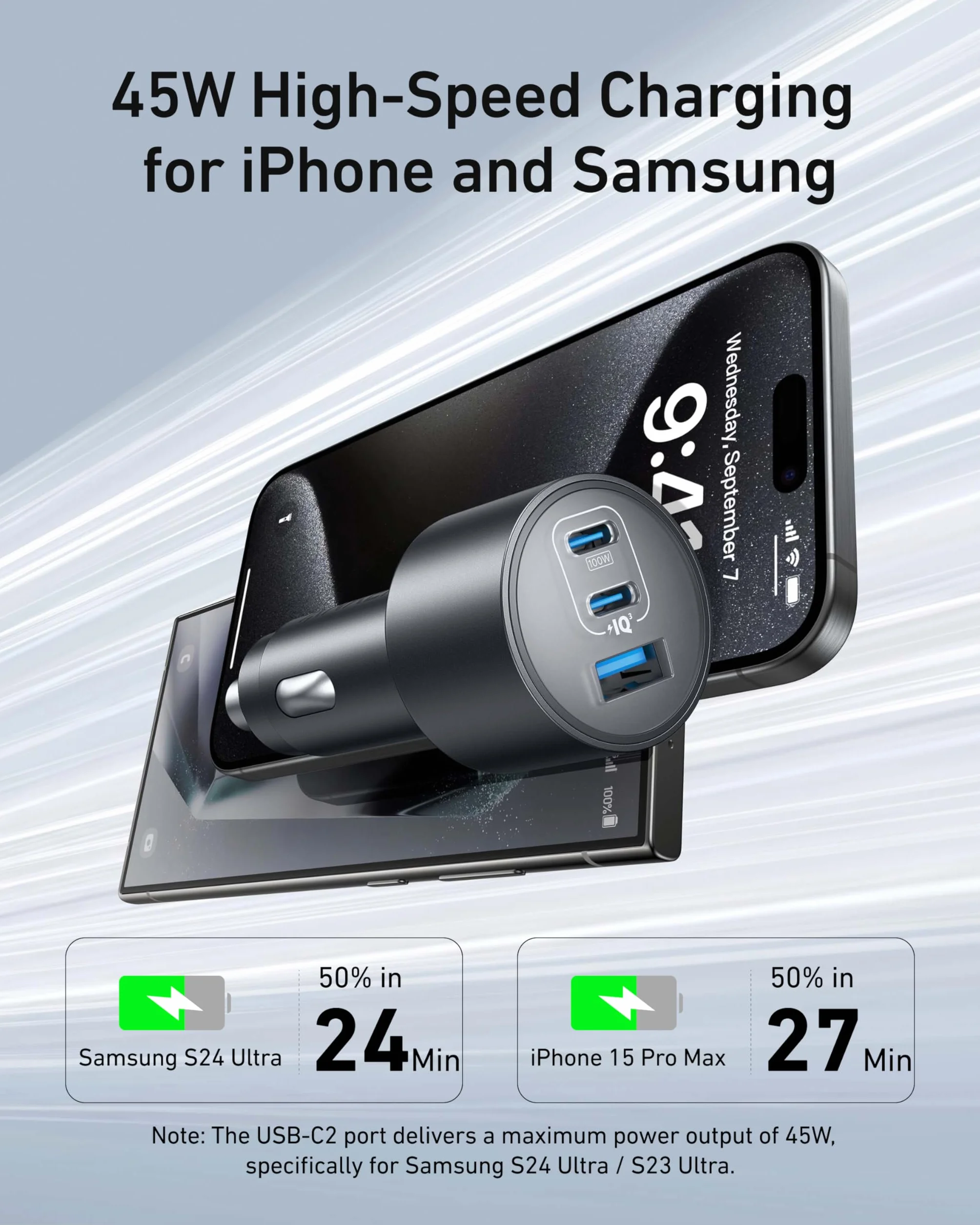 Anker Ładowarka samochodowa USB-C 167,5W 3-portowa ultrakompaktowa szybka do MacBook Pro/Air iPhone 15/14/13 Samsung S24/S23 iPad Pro AirPods