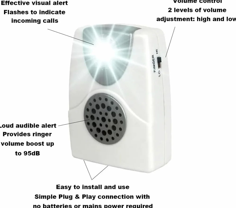 VOCA Wzmacniacz dzwonka telefonicznego, wzmocnienie do 105 db dzięki powiadomieniu o oświetleniu LED do telefonów stacjonarnych, montowany na ścianie, idealny do hałaśliwych i niedosłyszących