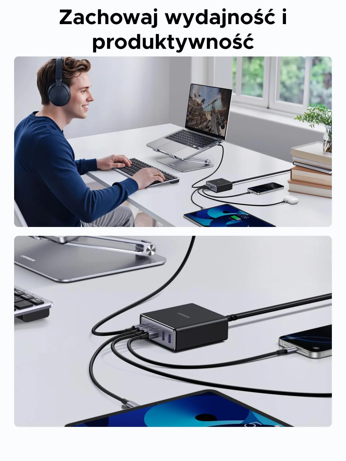 Ładowarka USB-C UGREEN 100 W, 6-portowa stacja ładująca, zasilacz GaN 65 W, szybka ładowarka PPS, uniwersalna, kompatybilna z MacBookiem Pro/Air, serią iPhone 17-8, Galaxy S25, A15, Pixel 9, iPad