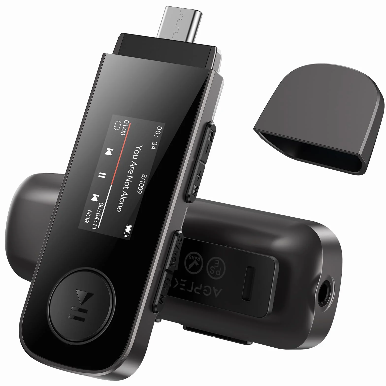 AGPTEK Przenośny Odtwarzacz MP3 64 GB z Bluetooth, Typ C i USB, Klips, Pamięć z Radiem FM, Nagrywanie, Obsługa Połączenia Telefonu, Czarny
