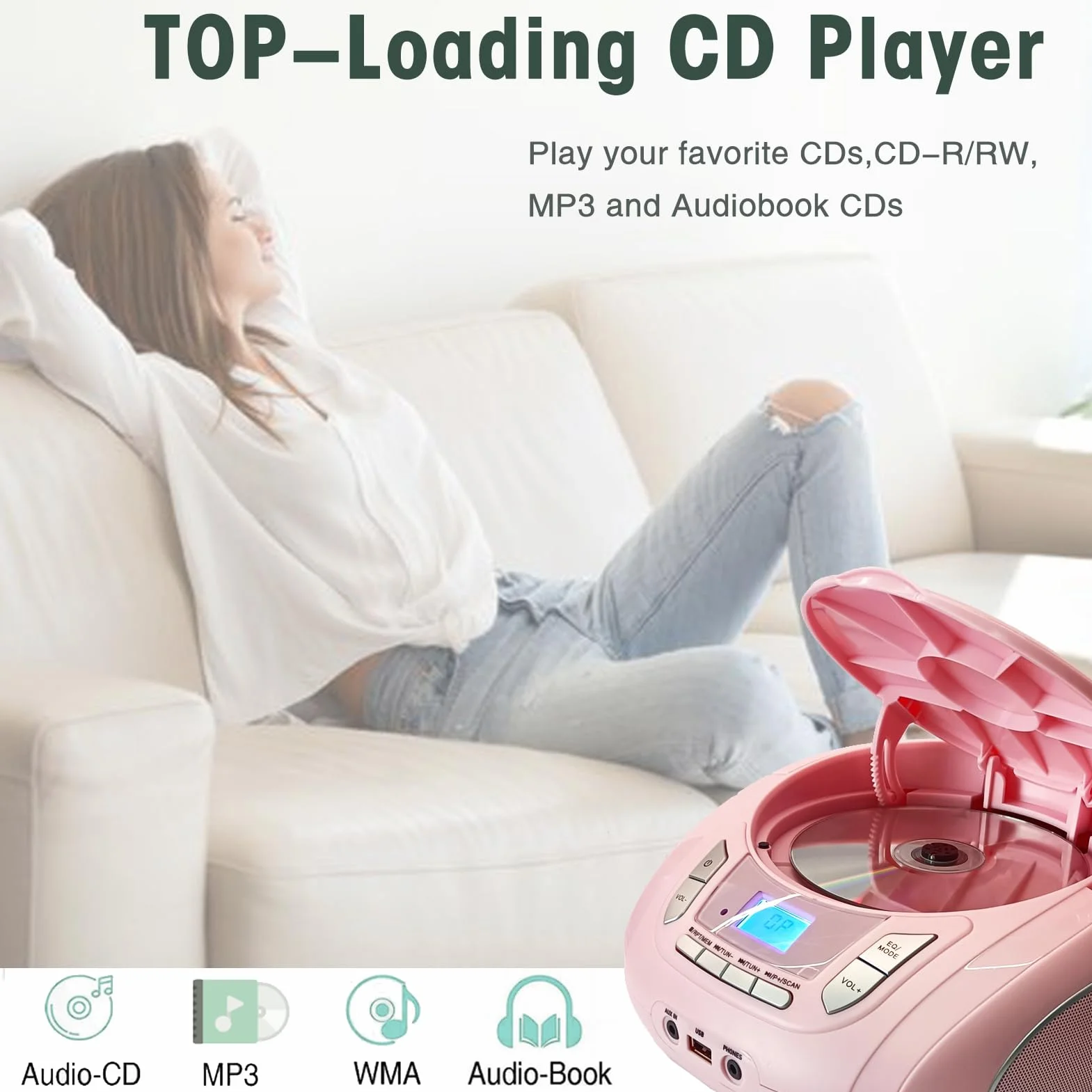 Przenośny odtwarzacz CD Bluetooth Boombox z radiem FM, USB, AUX, gniazdem słuchawkowym, kompatybilny z CD-R/RW i MP3 CD (różowy)