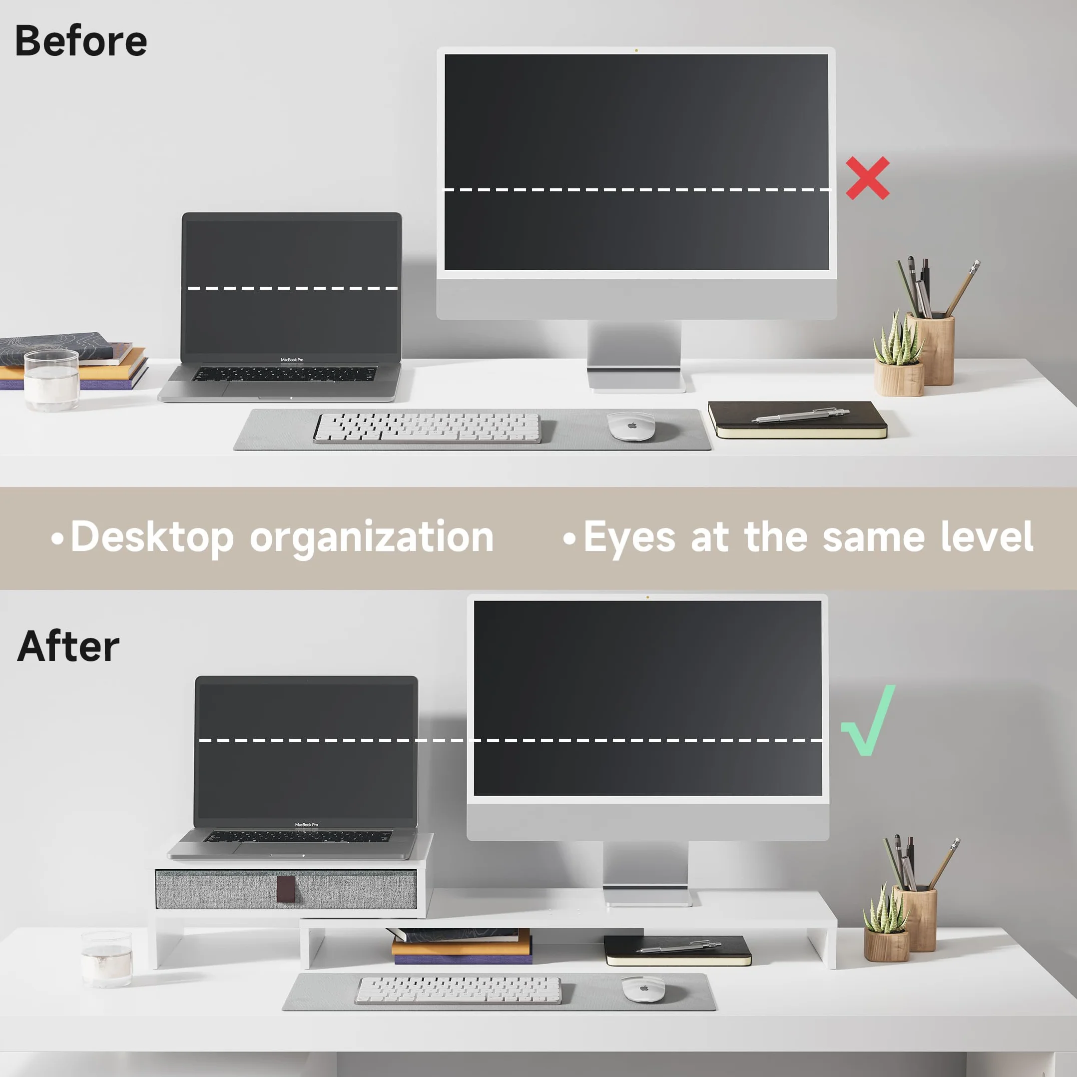 Fenge Podstawka pod dwa monitory z szufladą dla komputera PC, laptopa, drukarki, podnośnik do monitora, regulowana długość i kąt, 78,3-113x23,5x7,3 cm, biały