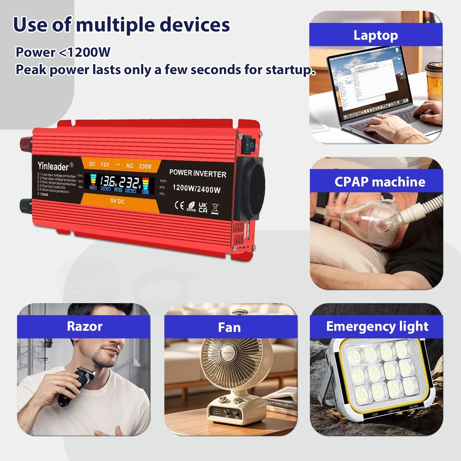 Yinleader Przetwornica napięcia 1200 W 2400 W 12 V 230 V falownik Dual USB Power Inverter z wyświetlaczem LCD czerwony