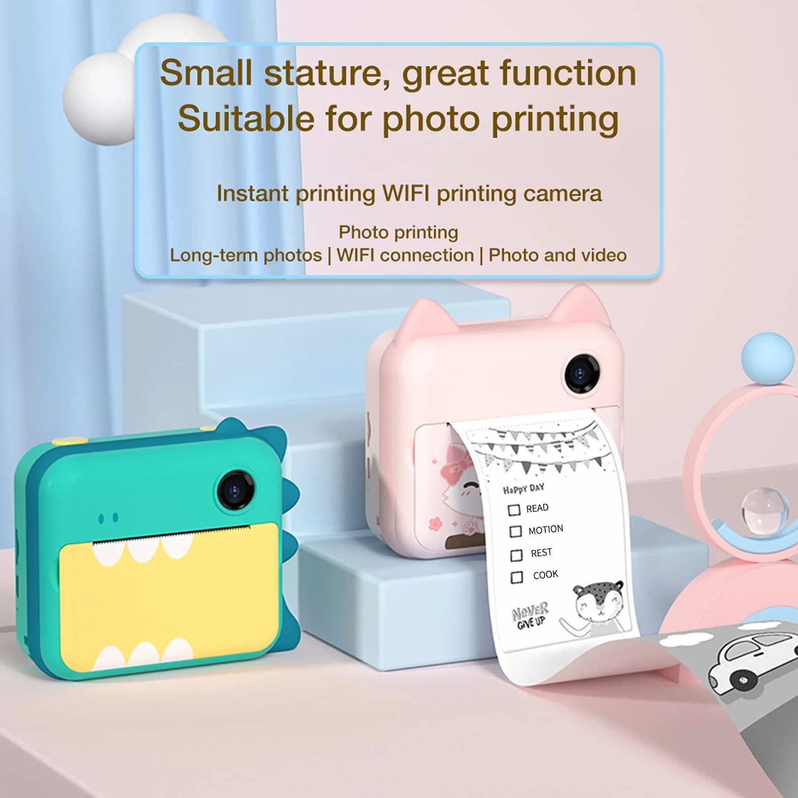 Andoer P1 Aparat błyskawiczny dla dzieci z 2 rolkami papieru do drukowania, karta SD 32 GB, obsługa transmisji WiFi na samoprzylepnym papierze fotograficznym, prezent