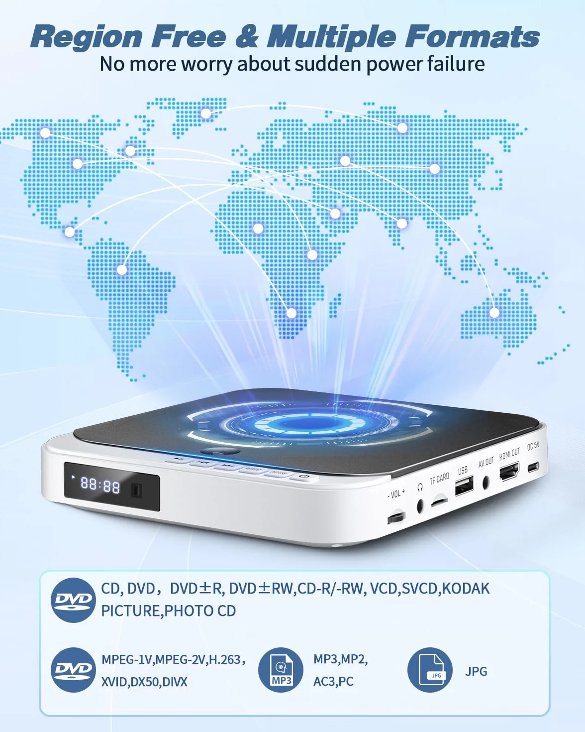 Desobry Mini odtwarzacz DVD do telewizora, mały odtwarzacz DVD HDMI we wszystkich regionach, pamięć punktu przerwania (MD115W-04DE)